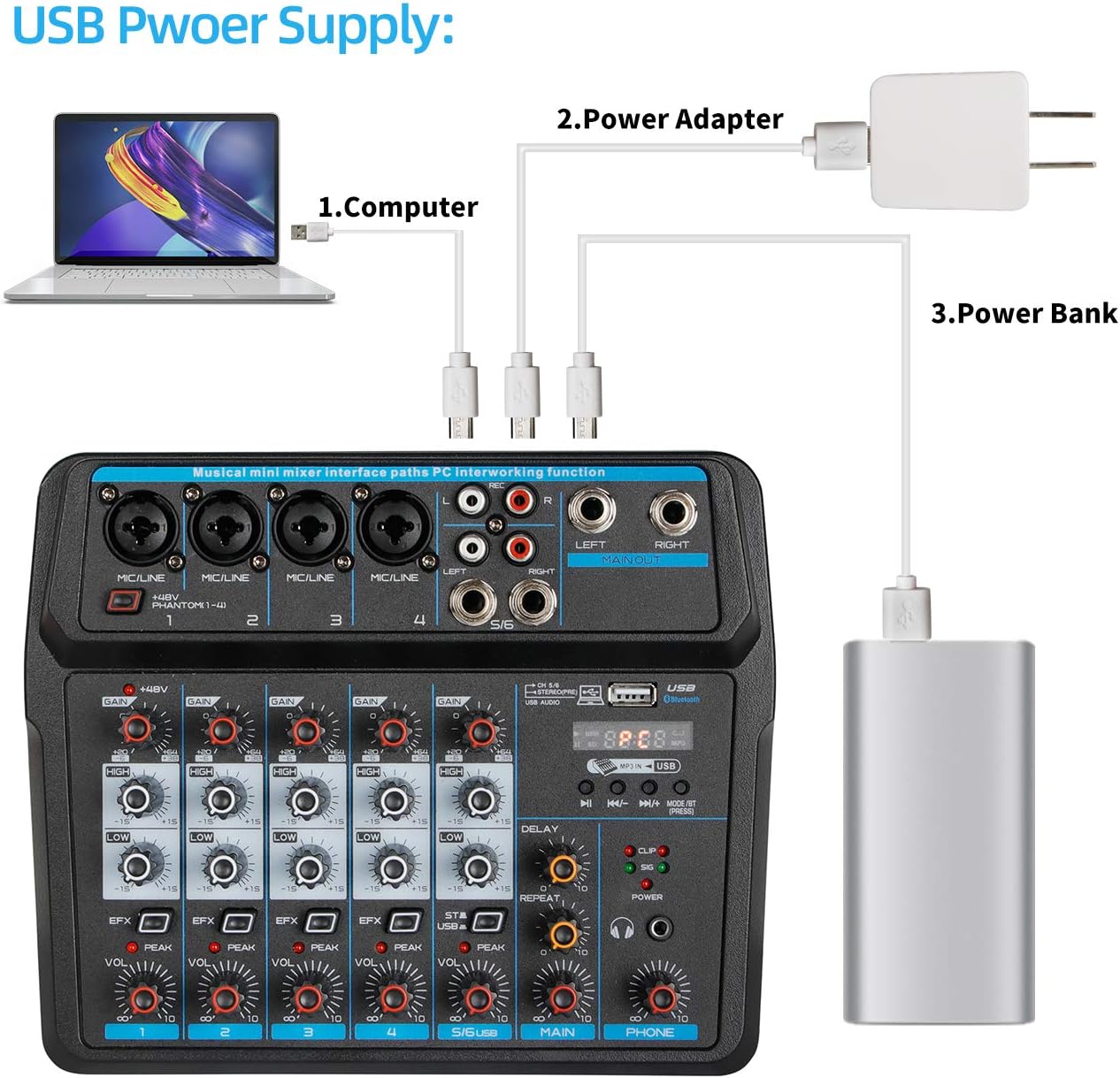 Depusheng U6 Audio Mixer USB Power Supply Options