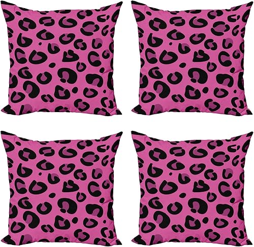 Ambesonne Paquete de 4 fundas de almohada decorativas color rosa intenso, diseño de piel de leopardo en estilo abstracto, temática de safari