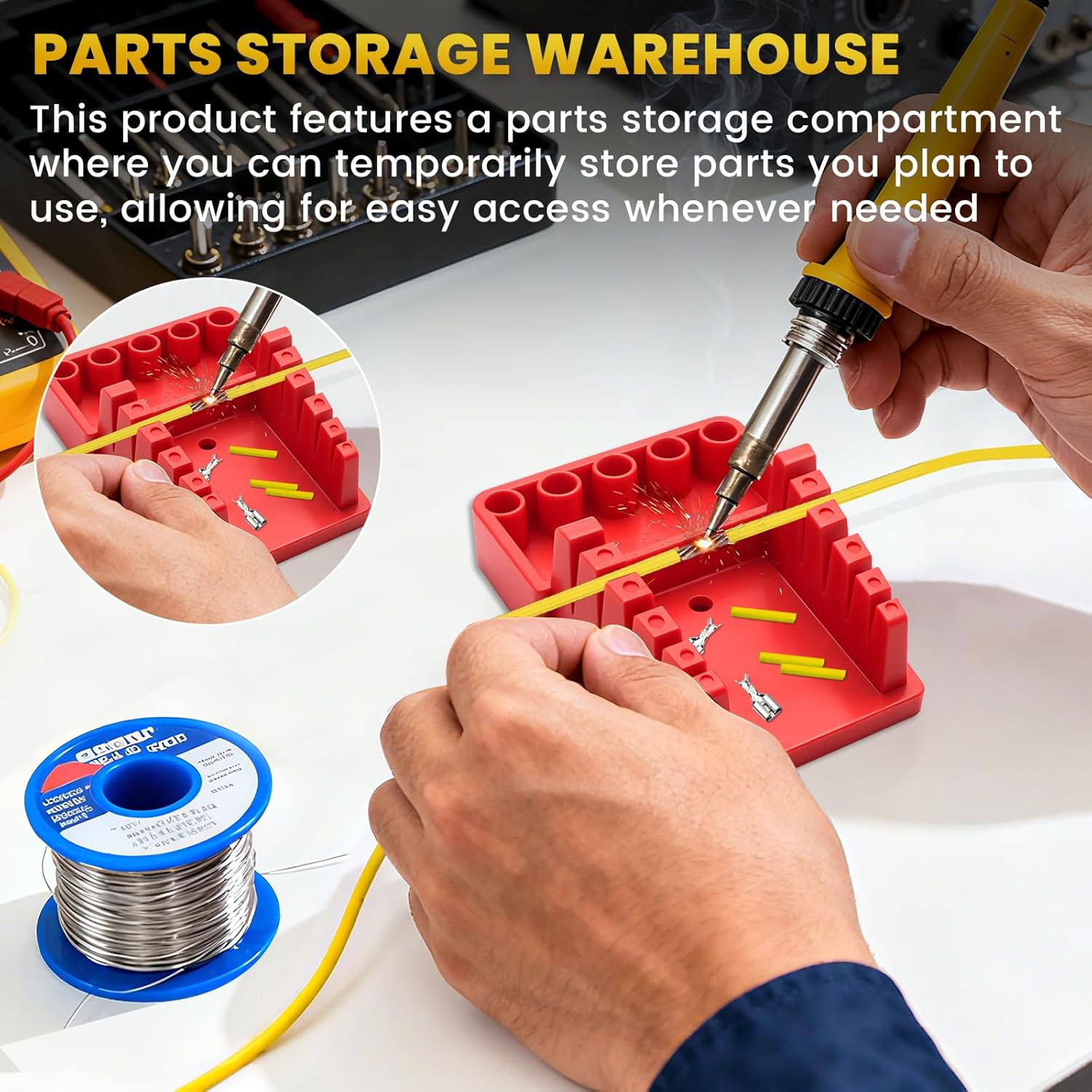 Soldering Wire Holder, High-Temperature Resistant Soldering Wire Holder, With Brass Wool Cleaner, Includes a Storage Tray and 5 Accessory Slots, Helping Hand Soldering Wire Welding Fixture, 6 Grooves