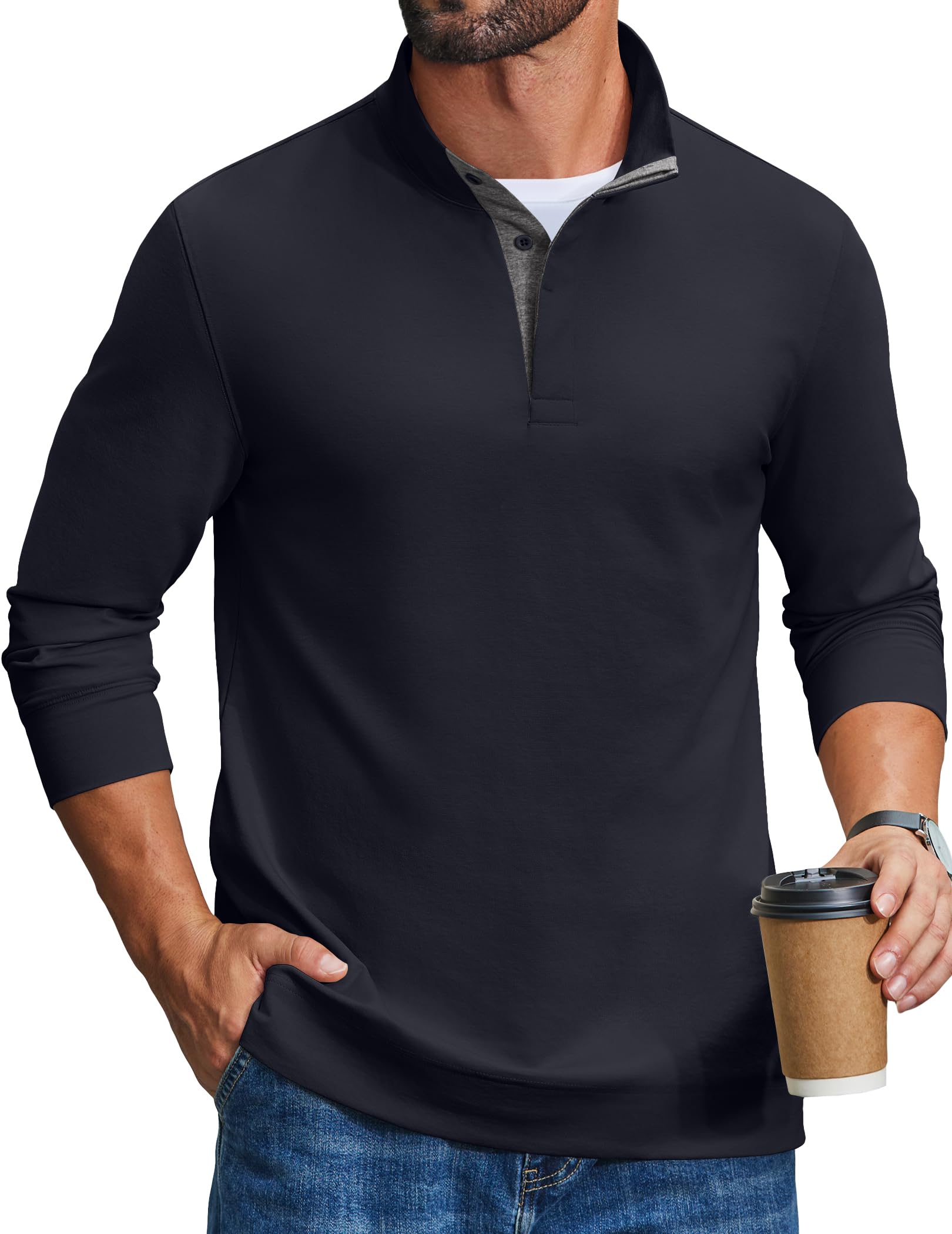 COOFANDY Mens T-Shirt Quarter Button Pullover Casual Long Sleeve Sweatshirt | Soft Fabric, Button Placket, Contrasting-Colour design, Lightweight Long Sleeve Sweatshirt