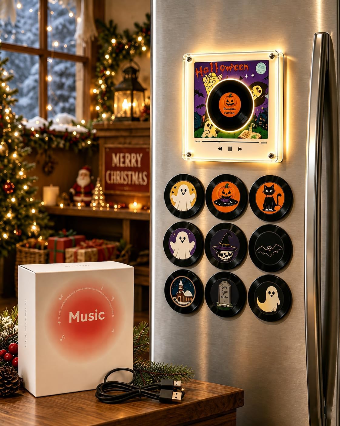 Jingle Vinyl Player Fridge Record, Mini Christmas Magnetic Jingle Music Box Set for Refrigerator with 9 Programmable Discs 128MB Built in Storage, LED Acrylic Frame Personalized Audio (1 Set-E)