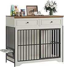 QUW 42" Modern Dog Crate Furniture, Wooden Dog Kennel for Medium to Large with 360° Rotating & 3-Levels Adjustable Height Dogs Bowl Holder, Decorative Dogs cage Pet House Indoor, Antique White