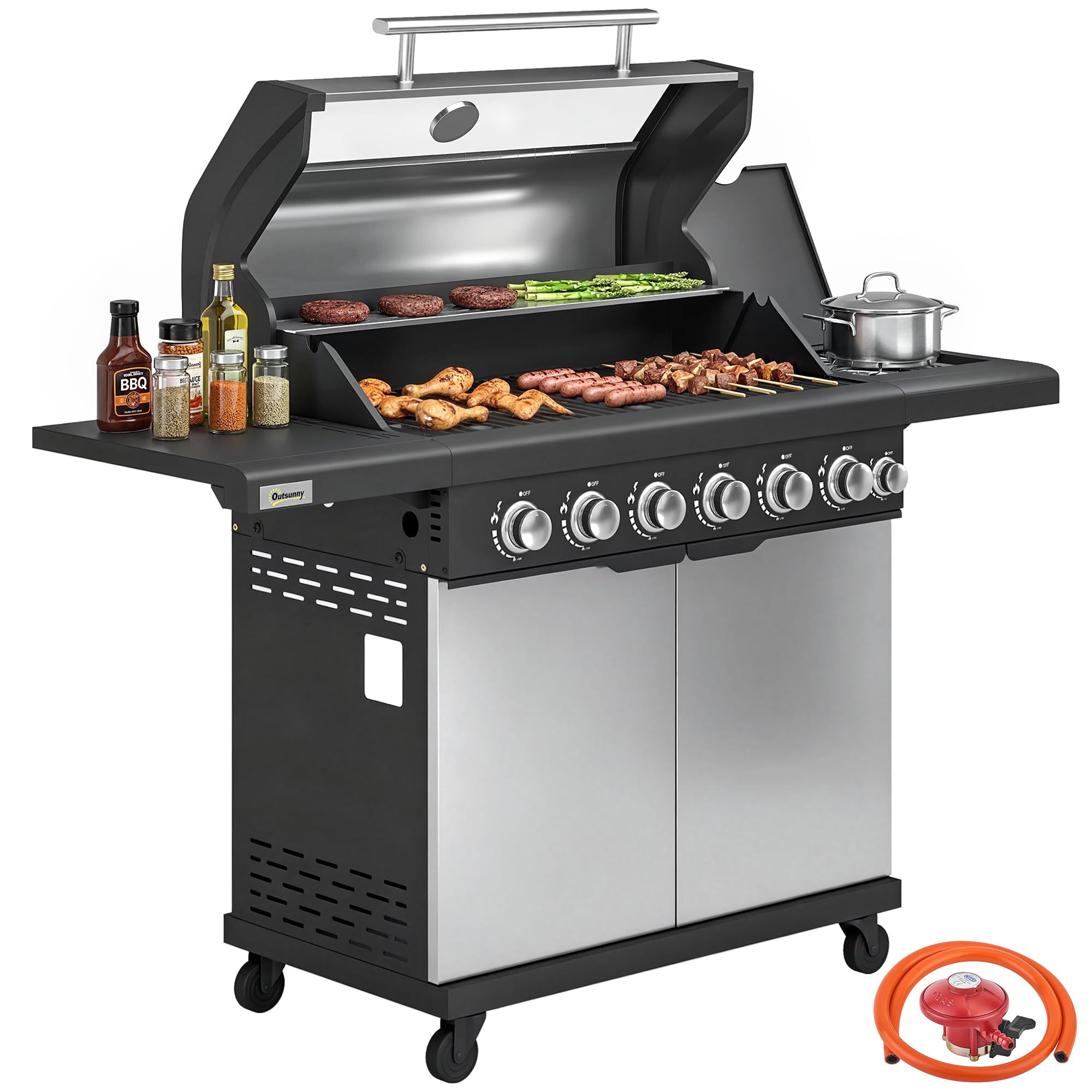 Outsunny 6+1 Burner Gas BBQ Grill, 20.5 kW Portable Outdoor Barbecue Trolley with Wheels, Warming Rack, Built-in Thermometer, Side Shelves, Cabinet, Bottle Opener, Lid with Viewing Window, Silver Tone