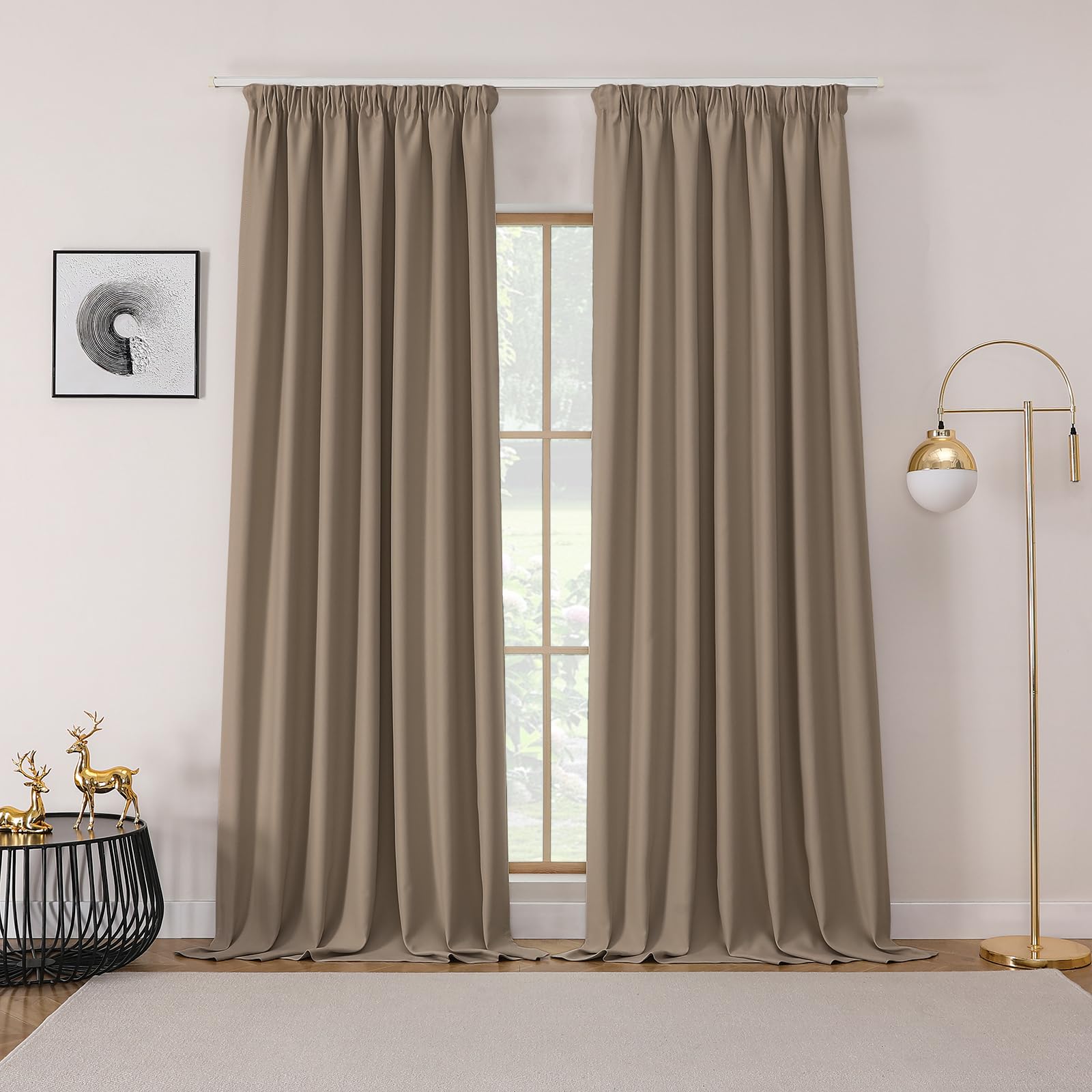 Joydeco Gardinen mit Kräuselband Blickdicht Vorhänge Schienensystem Verdunkelungsvorhang mit Haken Thermovorhang Kälteschutz Schlafzimmer Wohnzimmer 2er Set 245x132cm Sandfarbe
