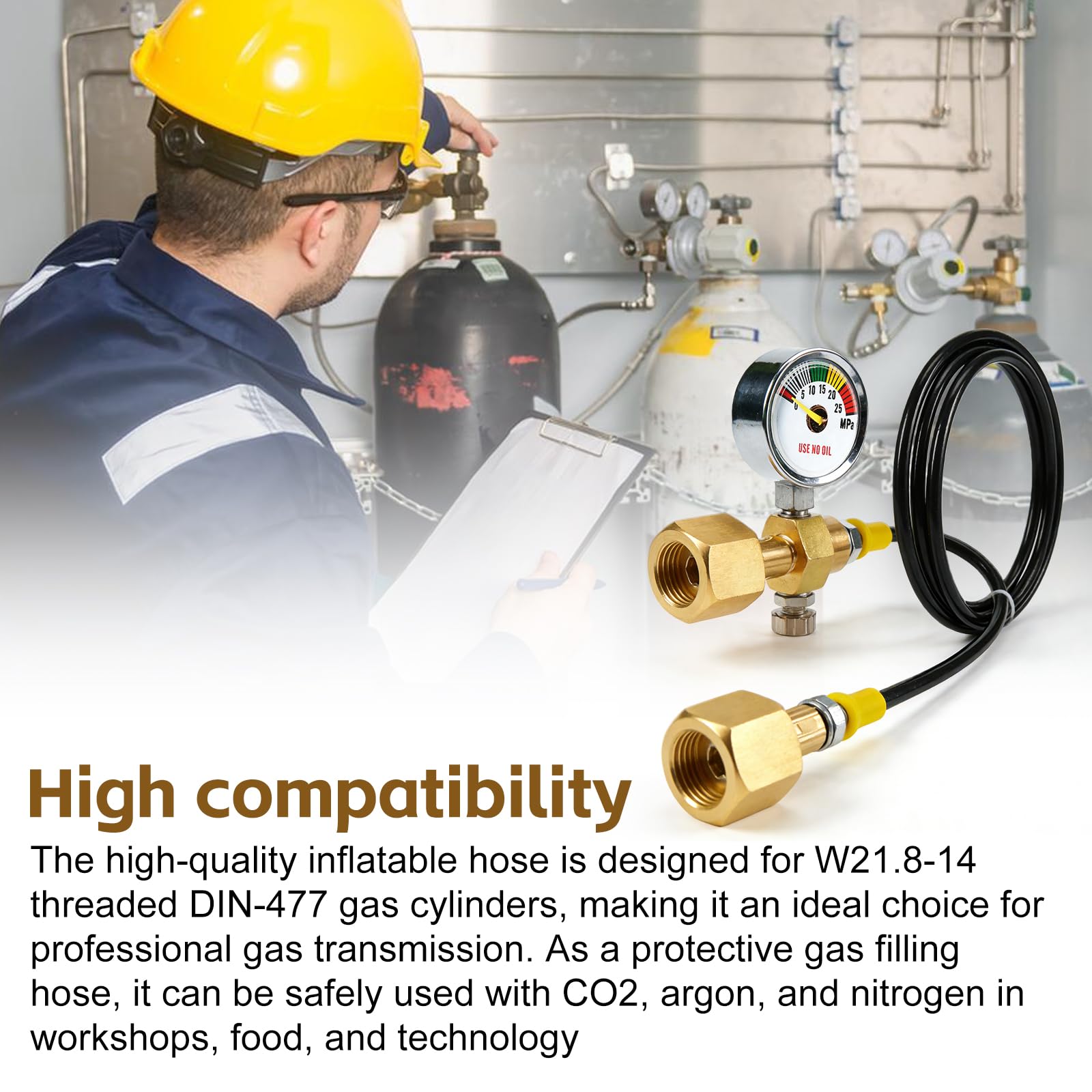 Wąż przelewowy CO2 1,5 m, adapter CO2, wąż wysokociśnieniowy z manometrem 3000 psi, przyłącze gwintowane 2 x W21,8 x 1/14", wąż do przelewu gazu ochronnego, butla gazowa, wąż, dystrybutor do argonu