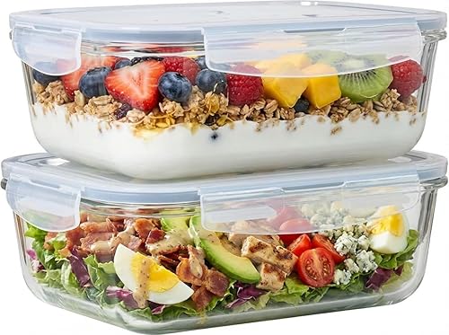 Juego de 4 recipientes de almacenamiento de alimentos de vidrio grandes de 8 tazas / 64 onzas con tapas, recipiente hermético para preparación de