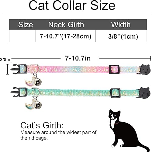 Miniatura 10 de Giecooh Paquete de 2 collares de gato con campanas, collares de seguridad ajustables con luna y estrella para niños y niñas, negro + azul