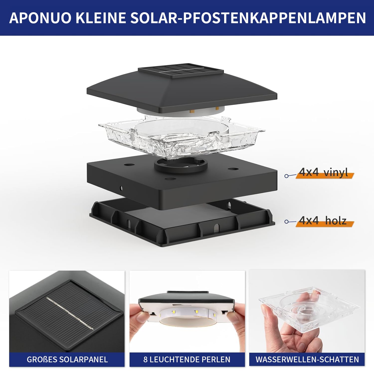 Gresonic Lampa słupkowa, solarna osłona słupka, ciepła biel, 2 temperatury barwowe, IP65, wodoszczelne lampy słupkowe do słupków ogrodzeniowych, drewnianych platform ogrodzeniowych (ciepła biel, 8 szt