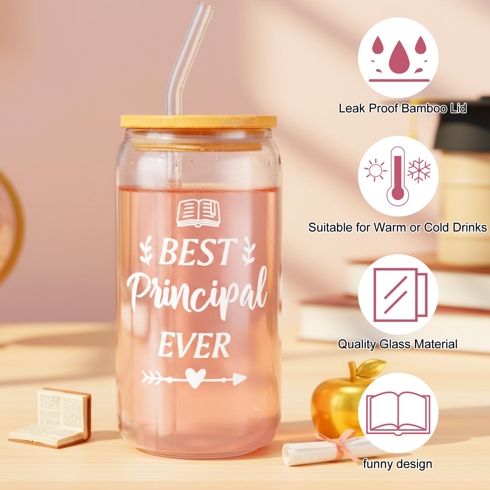 Vesici 6 Pcs Principal Appreciation Gifts for Men Women Best Principal Ever Glass Tumbler Inspirational Leather Notebook Pen Bracelet Gift Bag for Graduation Birthday Retirement(Pink)