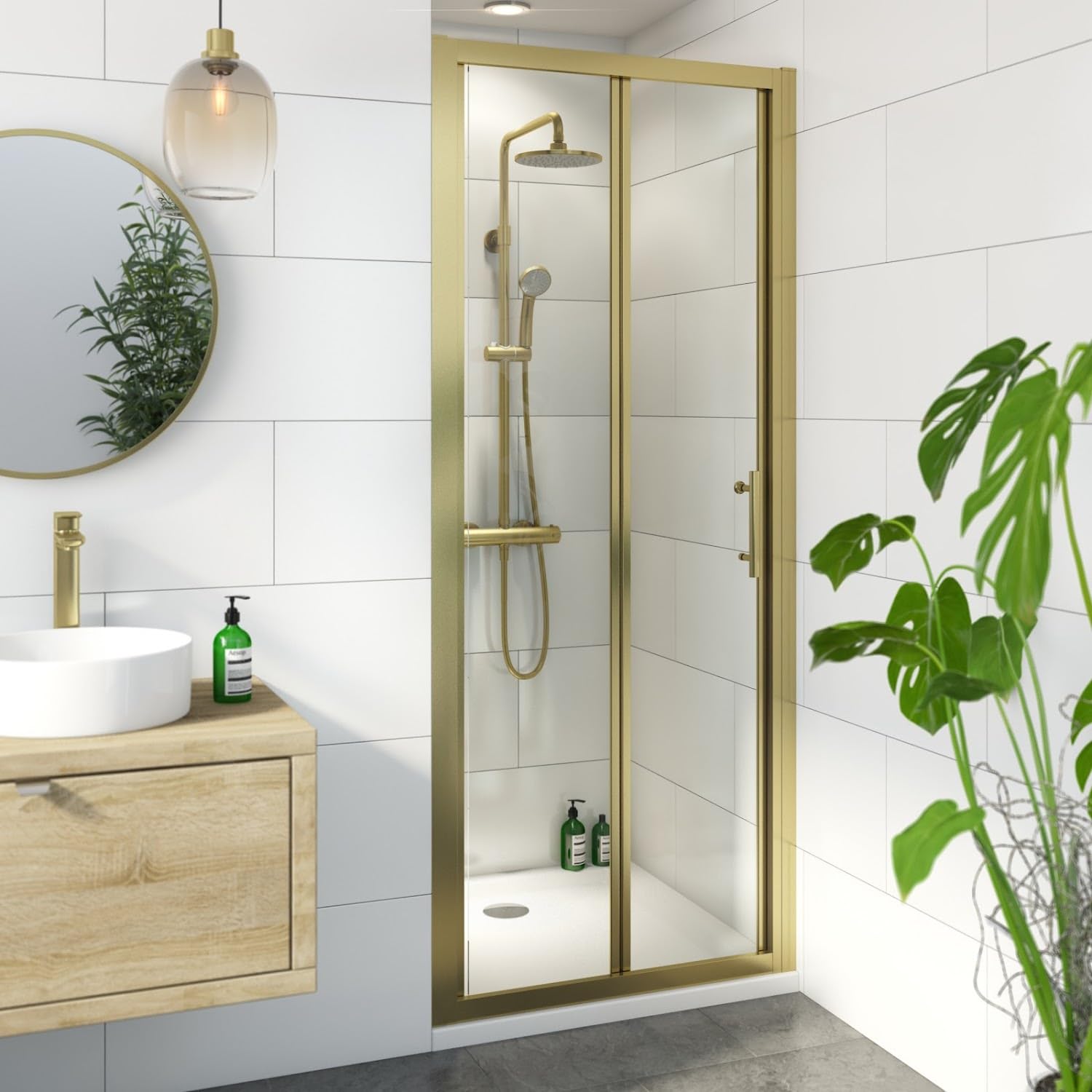 Luxura Brushed Brass Luxura® 800Mm Bifold Folding Shower Door For Wet Room Cubicle Enclosures, 6Mm Toughened Safety Glass Space Saving, Framed,