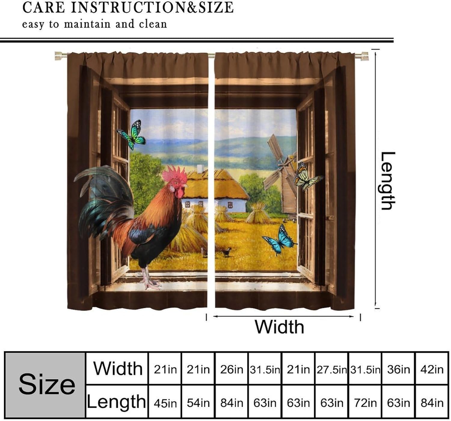 Vintage Farm Rooster Curtains,Traditional Rustic Animal Chicken Butterfly Nature Scenery Blackout Rod Pocket Window Curtain,for Child Living Room Bedroom Kitchen Cafe Farmhouse 42" W X 45" L