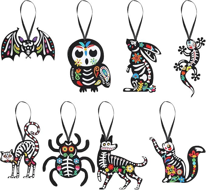 CCINEE 24Pcs Dia De Los Muertos Felt Ornaments, Mexcian Skeleton Halloween Ornaments for Day of The Dead Themed Party School Bags Indoor Outoor Tree Hanging Decorations