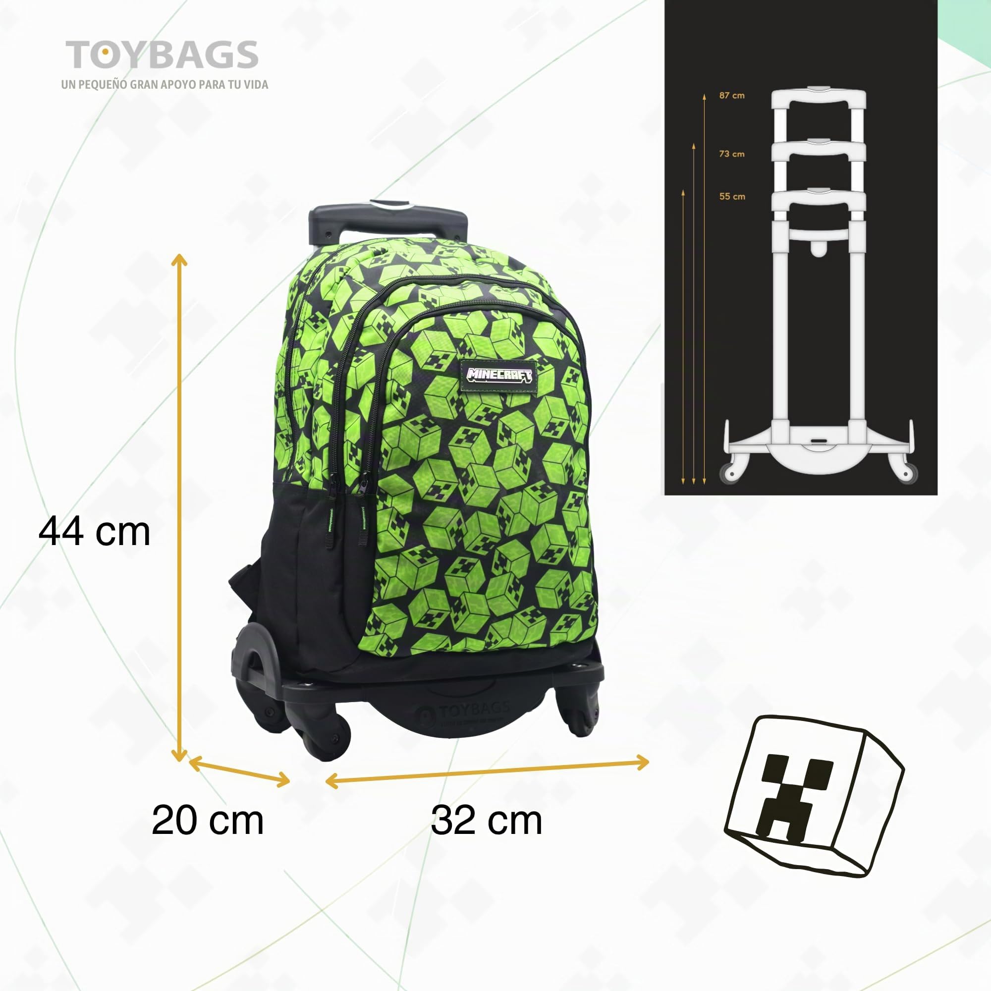 Mochila Escolar Minecraft Cubos Doble Compartimento Adaptable + CARRO NEGRO TOYBAGS CON PROTECCION LATERAL Y STOPER FRONTAL ANTI CAIDA 4 ruedas giratorias - 44 X 30 X 20 CM