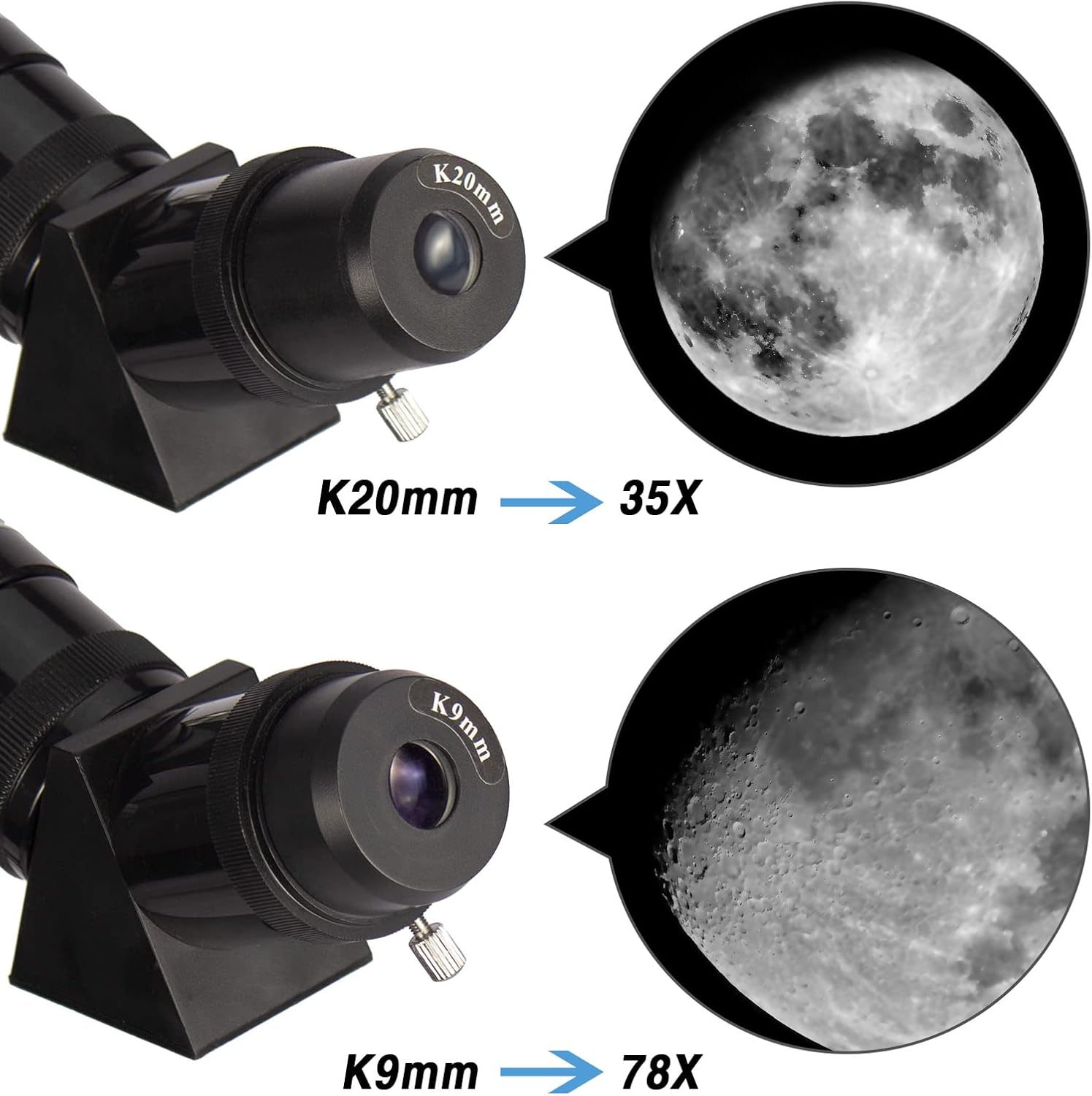 Two images showing K20mm eyepiece providing 35X magnification and K9mm eyepiece providing 78X magnification, with corresponding views of the moon.