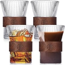 Espresso Cups, Set of 4, 300 ml, Glass Espresso Cups with Walnut Wood Sleeve, 11 x 8 cm, for Cappuccino, Mocha, Latte, Macchiato, Wavy Design, for Tea, Espresso, Latte, Ice Cream, Juice