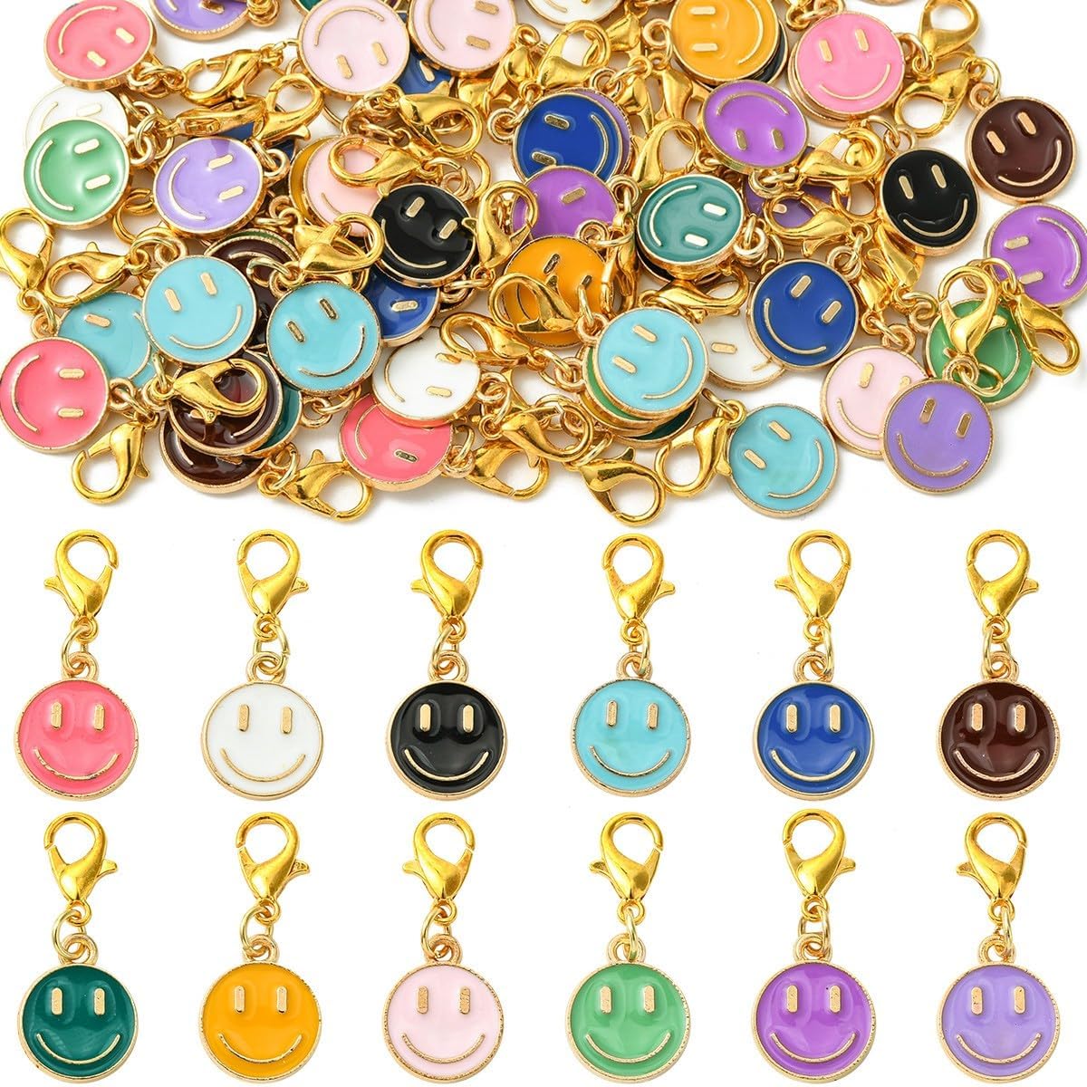 60Pcs Happy Face Charms - Round Flat Enamel Pendants with Lobster Claw Clasps, Zinc Alloy Cute Smiley DIY Jewelry Making Supplies for Bracelets Necklaces Craft Decorations