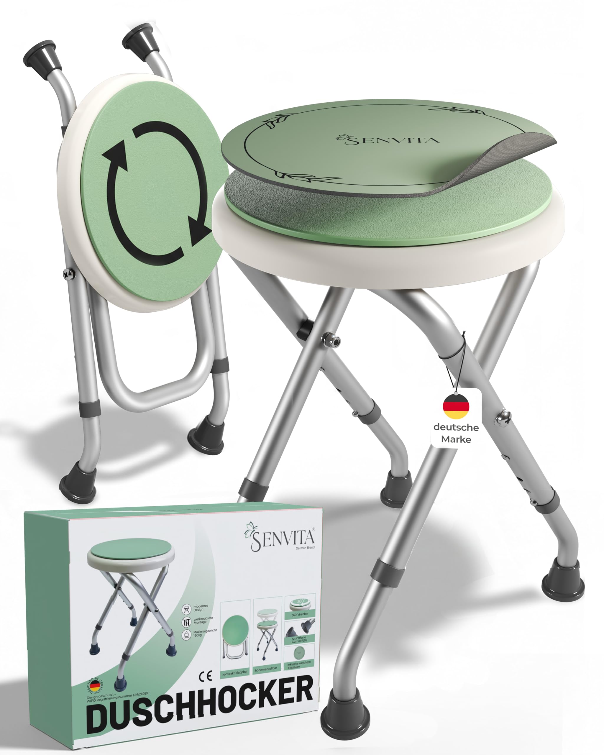 Duschhocker Klappbar, 360° Drehbar & 160kg Belastbar | Duschstuhl für Senioren | Höhenverstellbare, rutschfeste Duschhilfe mit Sitzkissen | Badhocker & Badewannensitz