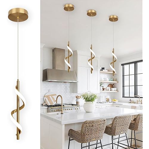CANEOE Gold Pendant Light, Spiral Modern Led Pendant Lighting for Kitchen Island, 5500K Brushed Brass Ceiling Hanging Light Fixture for Dining Room Bedroom Sink Table Small Pendant Lights
