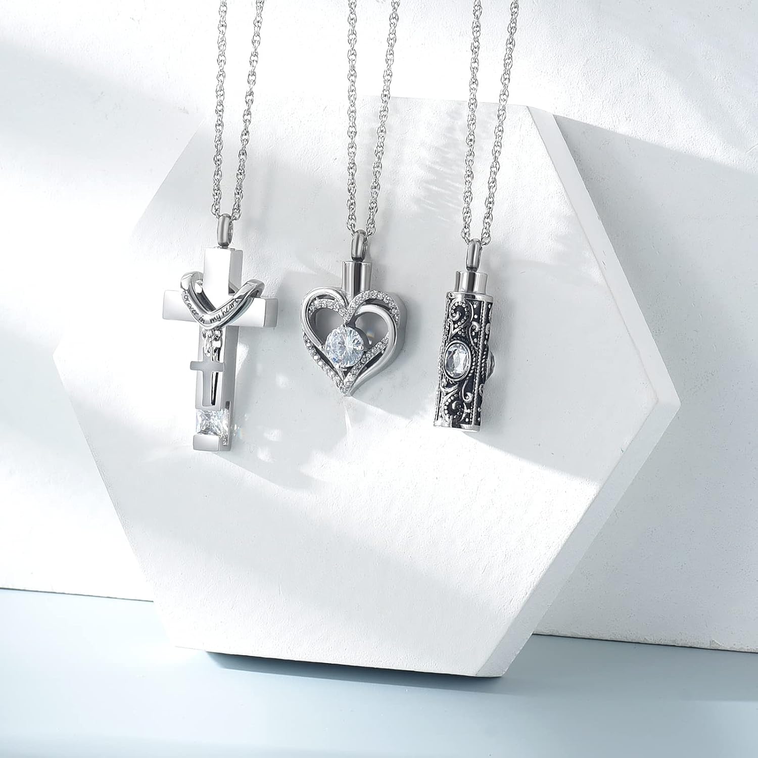 shajwo 3 Pack Urn Necklace for Ashes for Women Gilrs Heart Cross Cylinder Cremation Jewelry for Ashes Memorial Keepsake Birthstone Pendant - Image 5