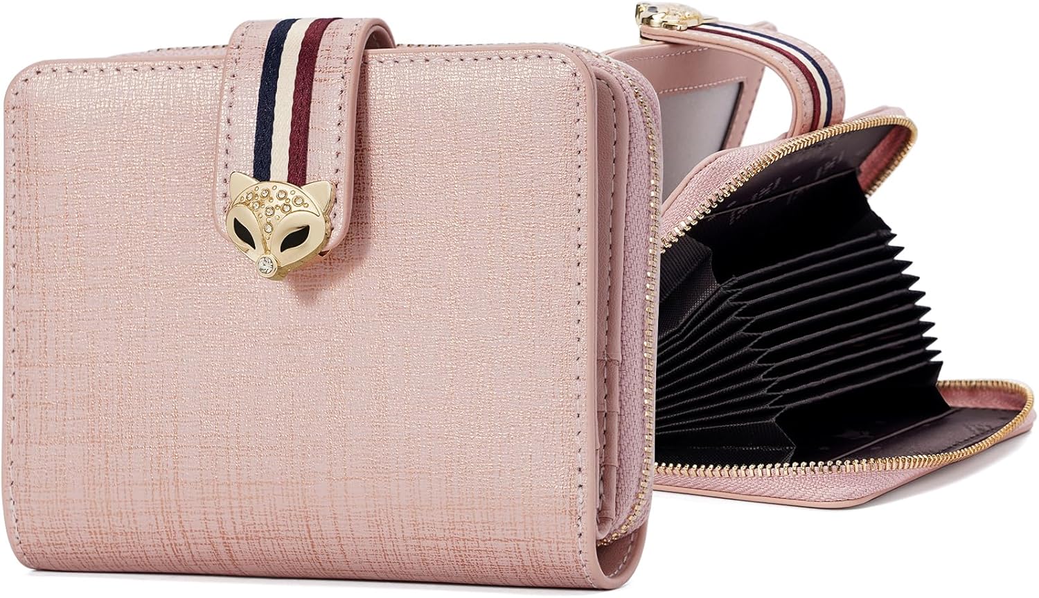 FOXLOVER Genuine Leather Zip Small Wallet Women RFID Blocking Credit Card Bifold Wallet Business Card Holder with ID Window(Pink)