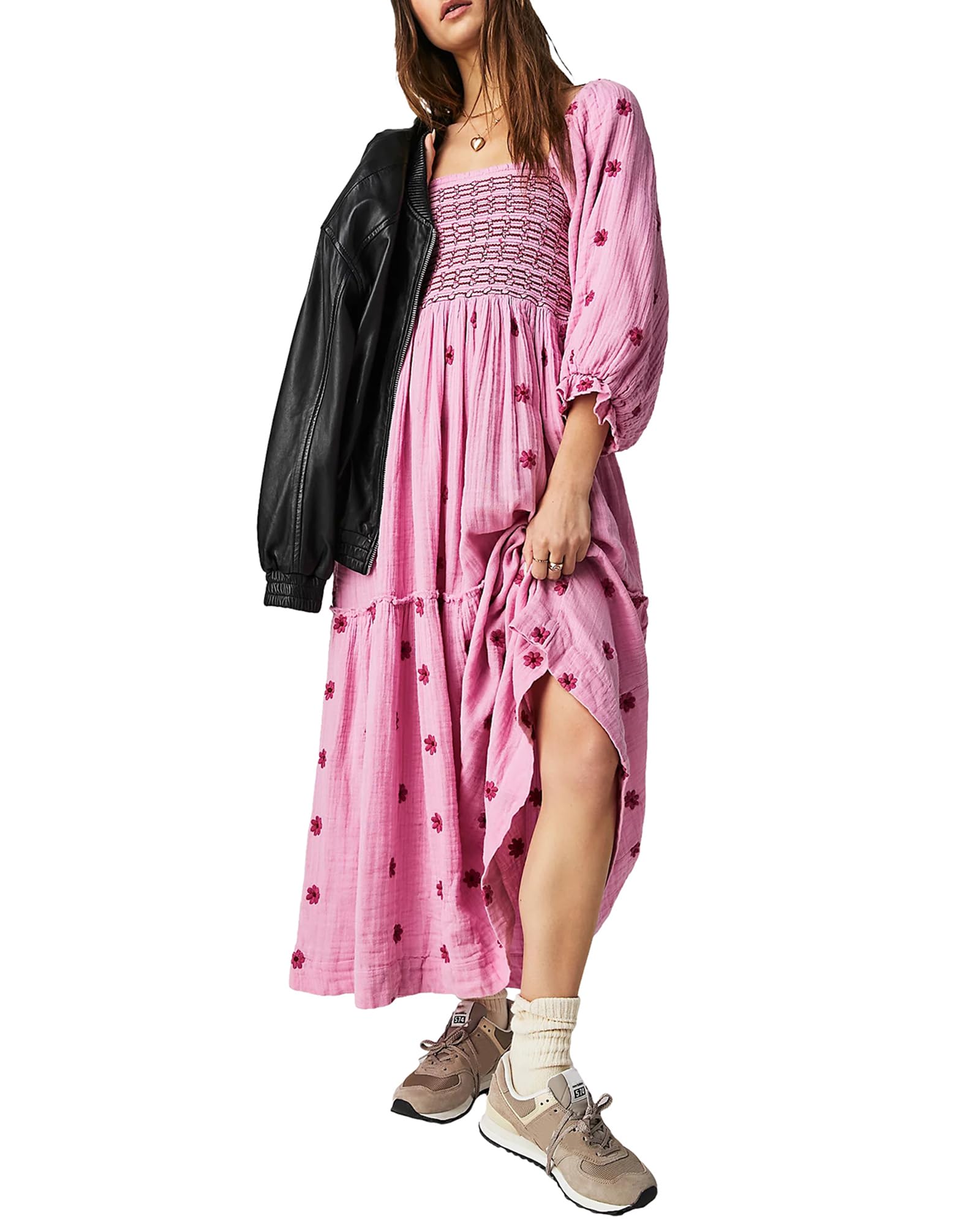 YoisdtxcWomen Summer Casual Long Dress 3D Embroidered Flowers Square Neck Puff Sleeve Dress Fashion Backless A-line Dress