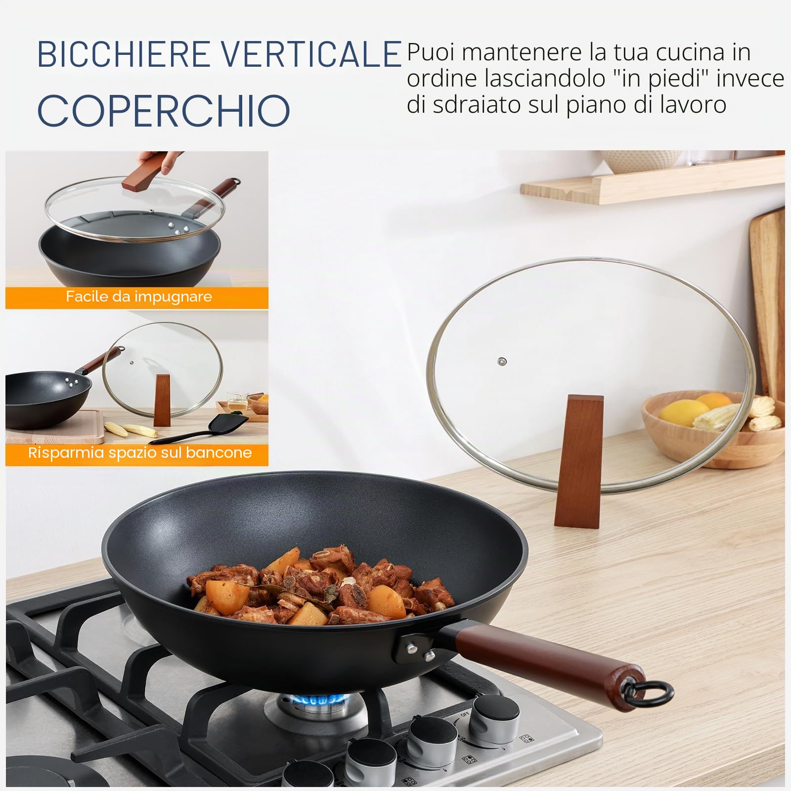 Kordisen Wok Antiaderente 33 cm/5,6 L con Coperchio, Senza Rivestimento Chimico, Wok Pre-stagionato, Adatto a Induzione/Elettrico/Gas