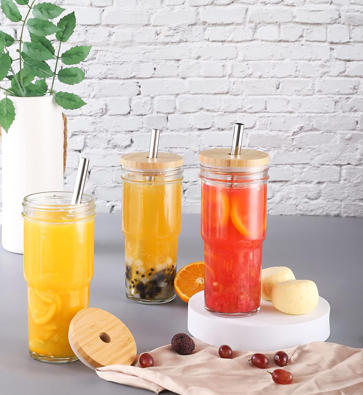4 Pcs 24 oz Glass Cups With Bamboo Lids and Straws & 4 Airtight Lids, Reusable Smoothie Cups Mason Jar Drinking Glasses Iced Coffee Cups Glass Tumbler for Bubble Tea, Juice, Gift - Image 6