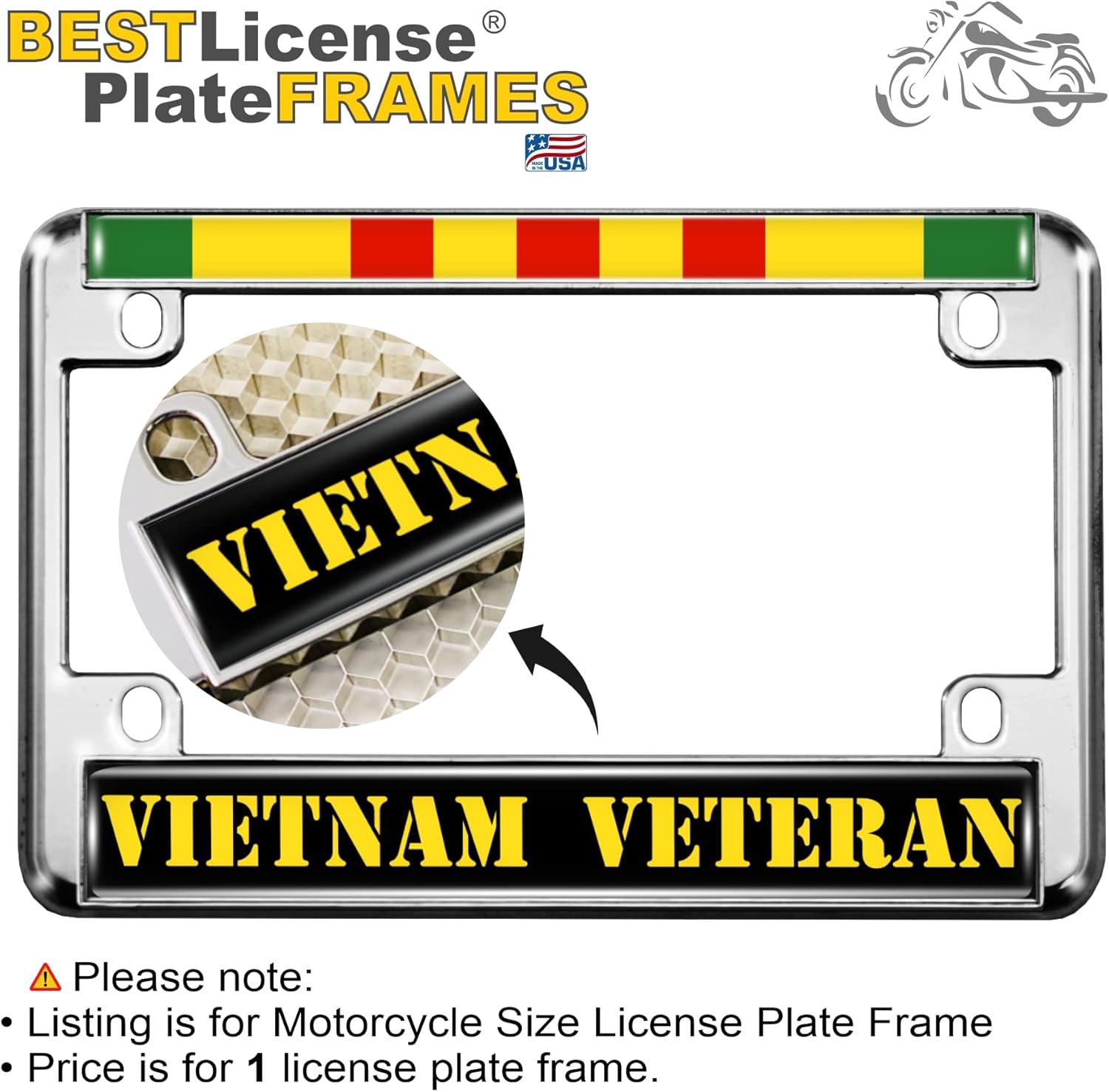 Motorcycle Metal License Plate Frame with Vietnam Veteran Design - Chrome