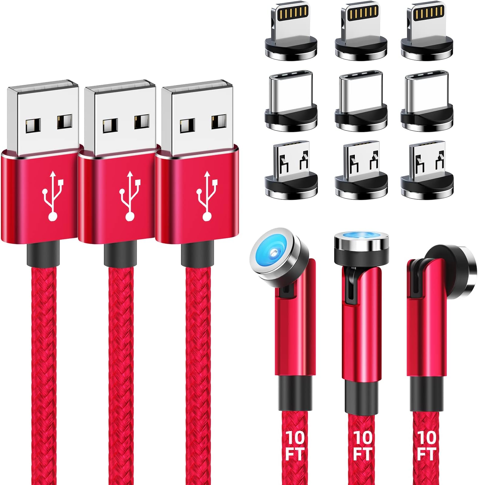 Magnetic Charging Cable [3-Pack,10FT/10FT/10FT] 540° Rotating Magnetic Phone Charger 3-in-1 Magnetic USB Cable with LED Light Nylon Braided Magnetic Charger for iProduct/Micro USB/Type C Device-Red