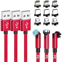 Magnetic Charging Cable [3-Pack,10FT/10FT/10FT] 540 Rotating Magnetic Phone Charger 3-in-1 Magnetic USB Cable with LED Light Nylon Braided Magnetic Charger for iProduct/Micro USB/Type C Device-Red