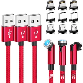 Magnetic Charging Cable [3-Pack,10FT/10FT/10FT] 540 Rotating Magnetic Phone Charger 3-in-1 Magnetic USB Cable with LED Light Nylon Braided Magnetic Charger for iProduct/Micro USB/Type C Device-Red