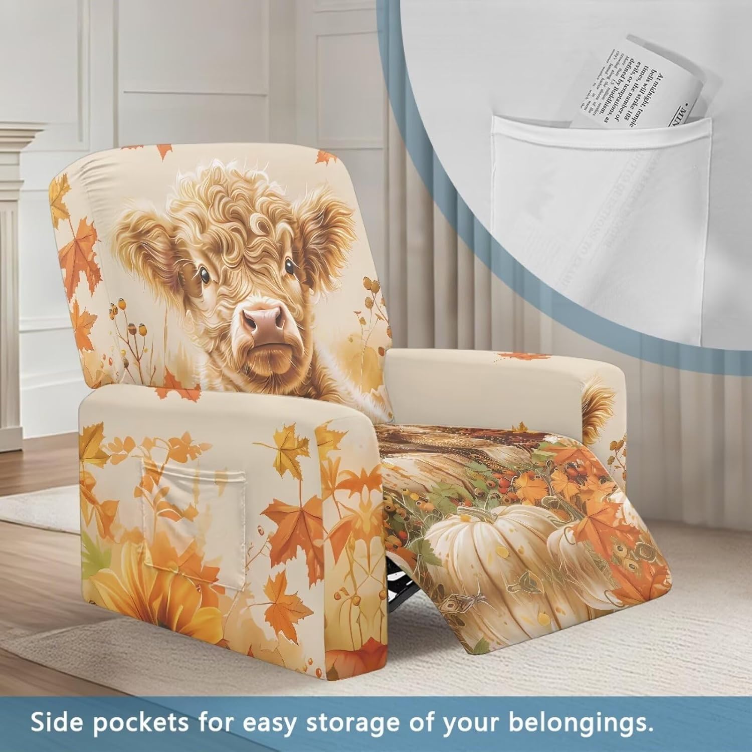 FOR U DESIGNS Highland Cow Maple Leaf Small Recliner Cover 4-Piece Stretch Slipcover with Storage Pockets Washable Furniture Protector for Reclining Chairs Easy to Install
