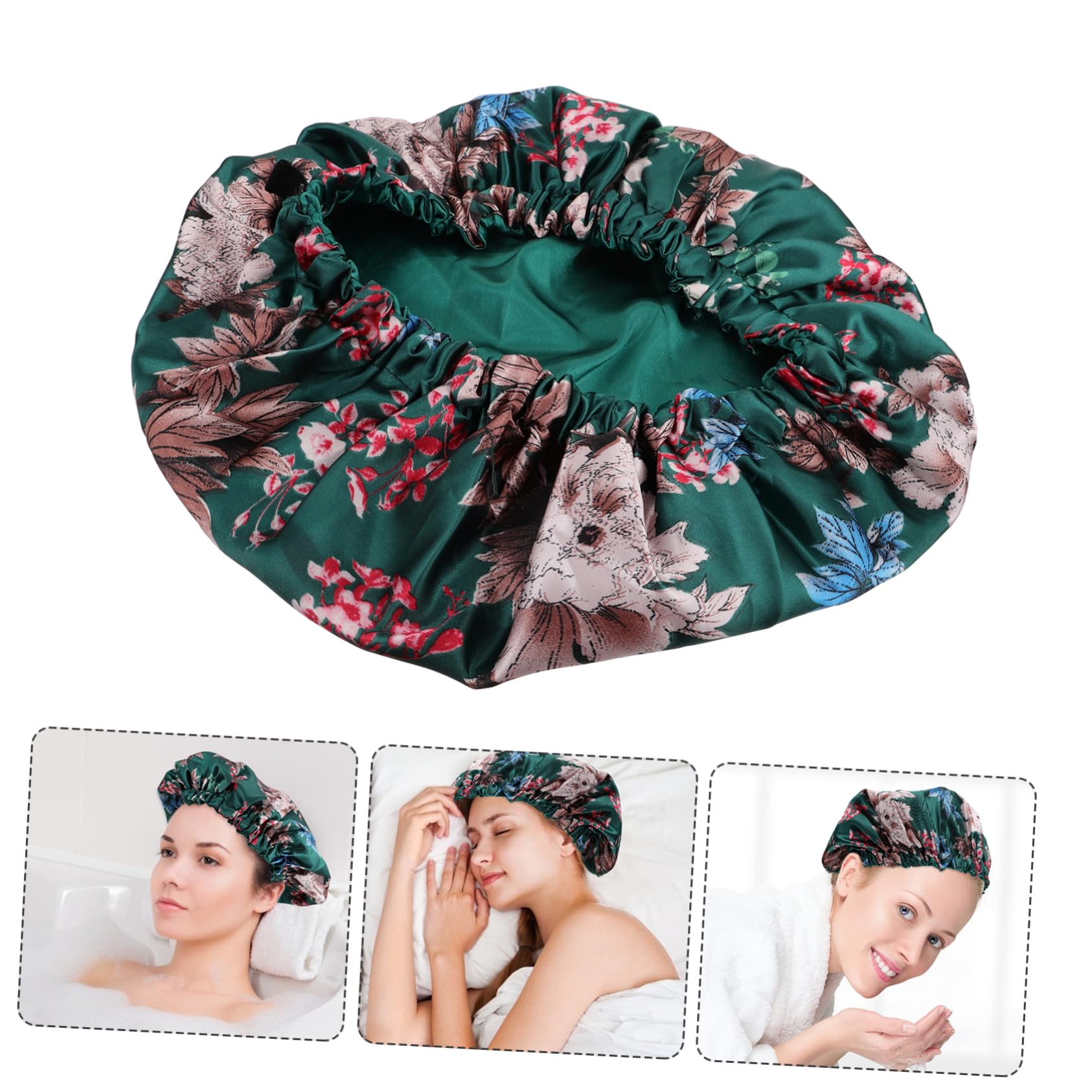 Healvian 5piezas Gorro De Reutilizable Para Mujer Doble De Satén Protección Para Cabello Para Baños y Sueño Diseño Floral Verde
