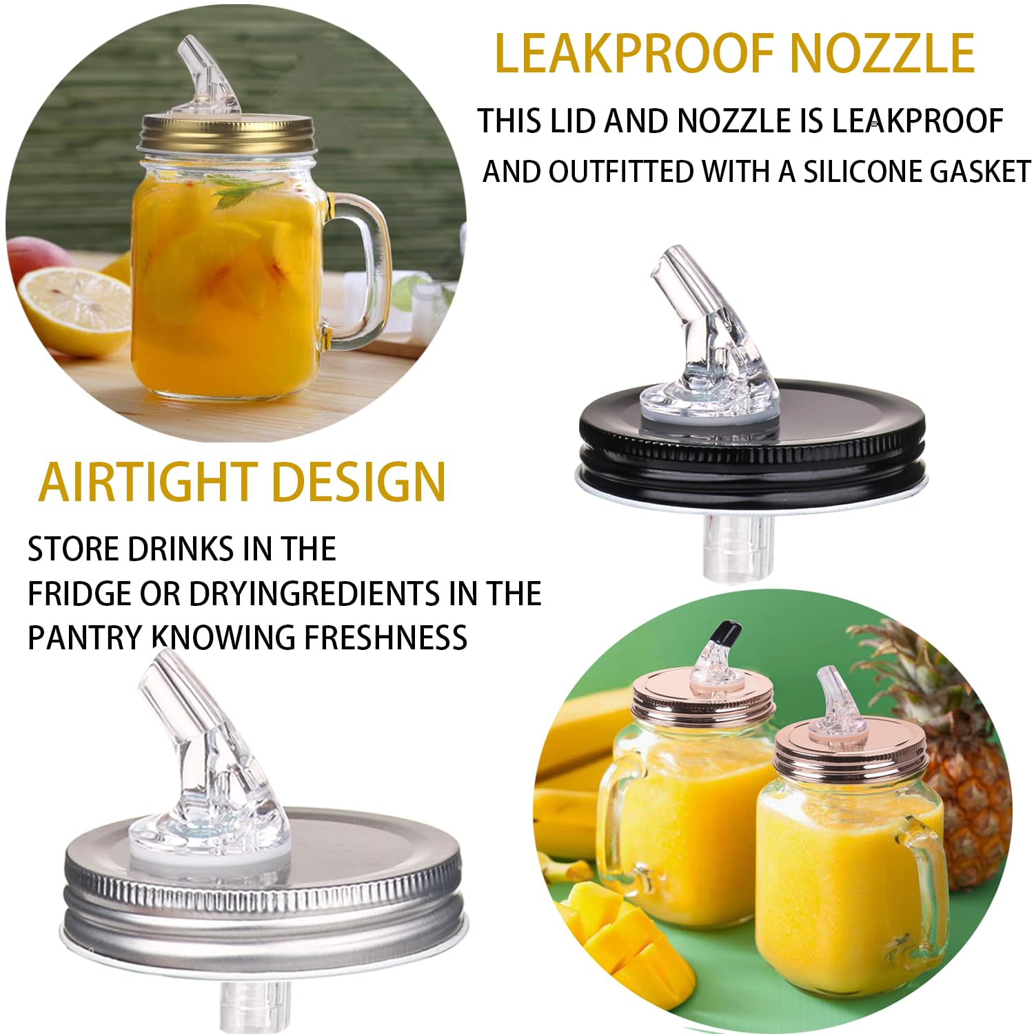 2PCS Mason Jar Pour Spout Lid Stainless Steel,for 86MM Ball Wide Mouth Leak Proof Seal Reusable For Home Brewing Fruit Fermenting Drinks Airtight
