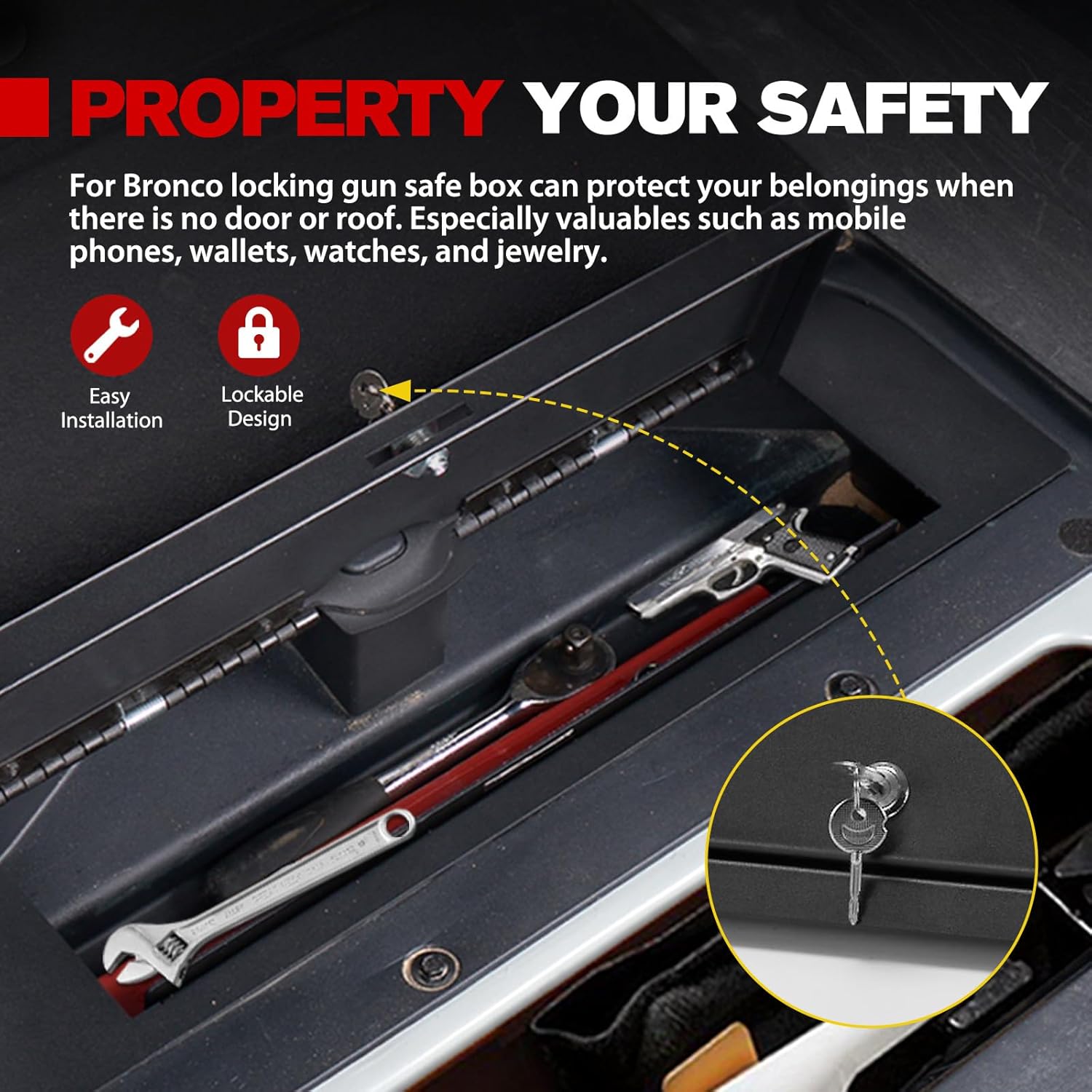 FIERYRED Rear Cargo Under Floor in-Vehicle Safe Lock Box for Ford Bronco 4 Door 2021-2025, Interior Storage Organizer Gun Safe Security, Bolt-On Installation (Not for 2 Door & Sport)