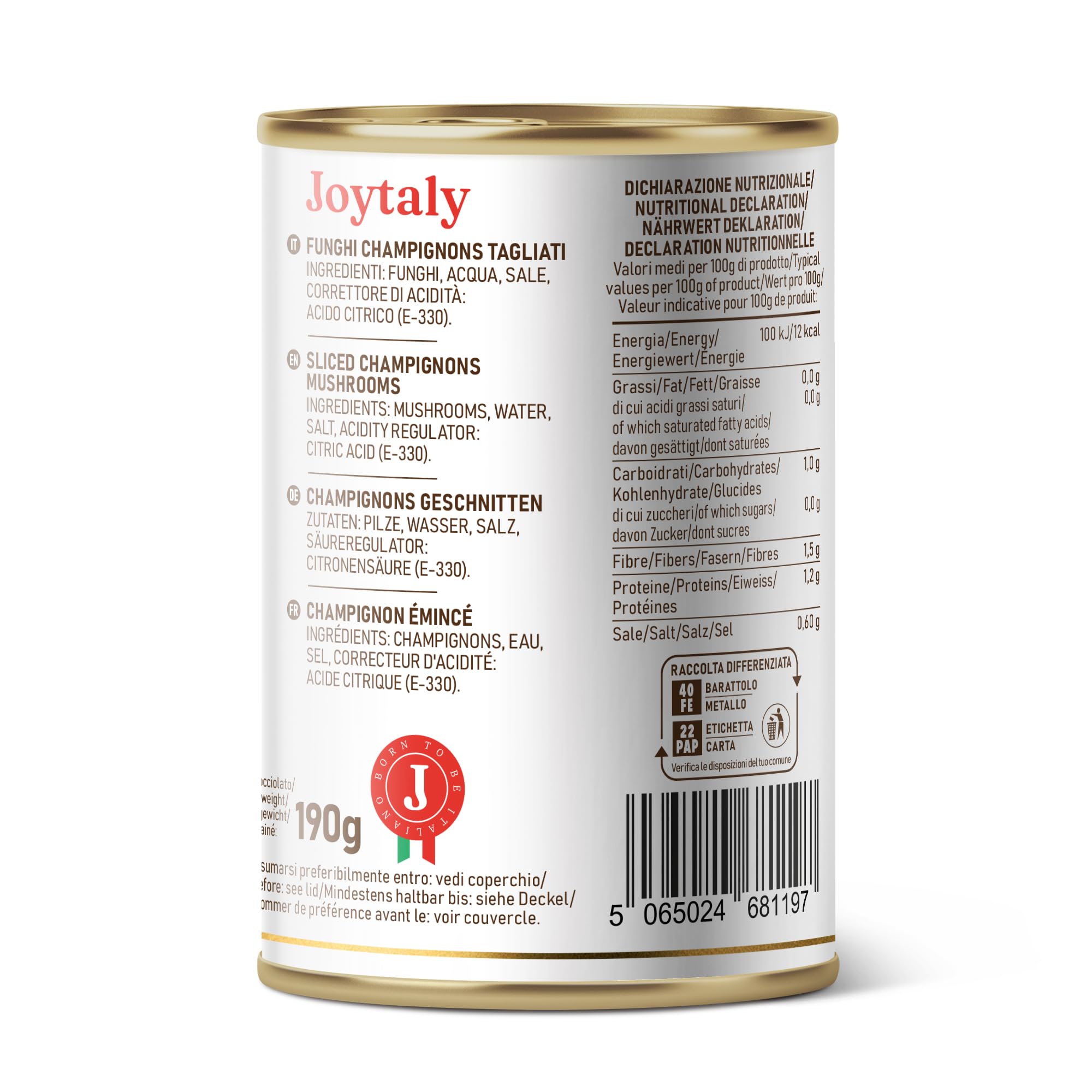 Joytaly Funghi Champignon, Confezione da 12 Lattine da 390g, Prodotto e confezionato 100% Italiano