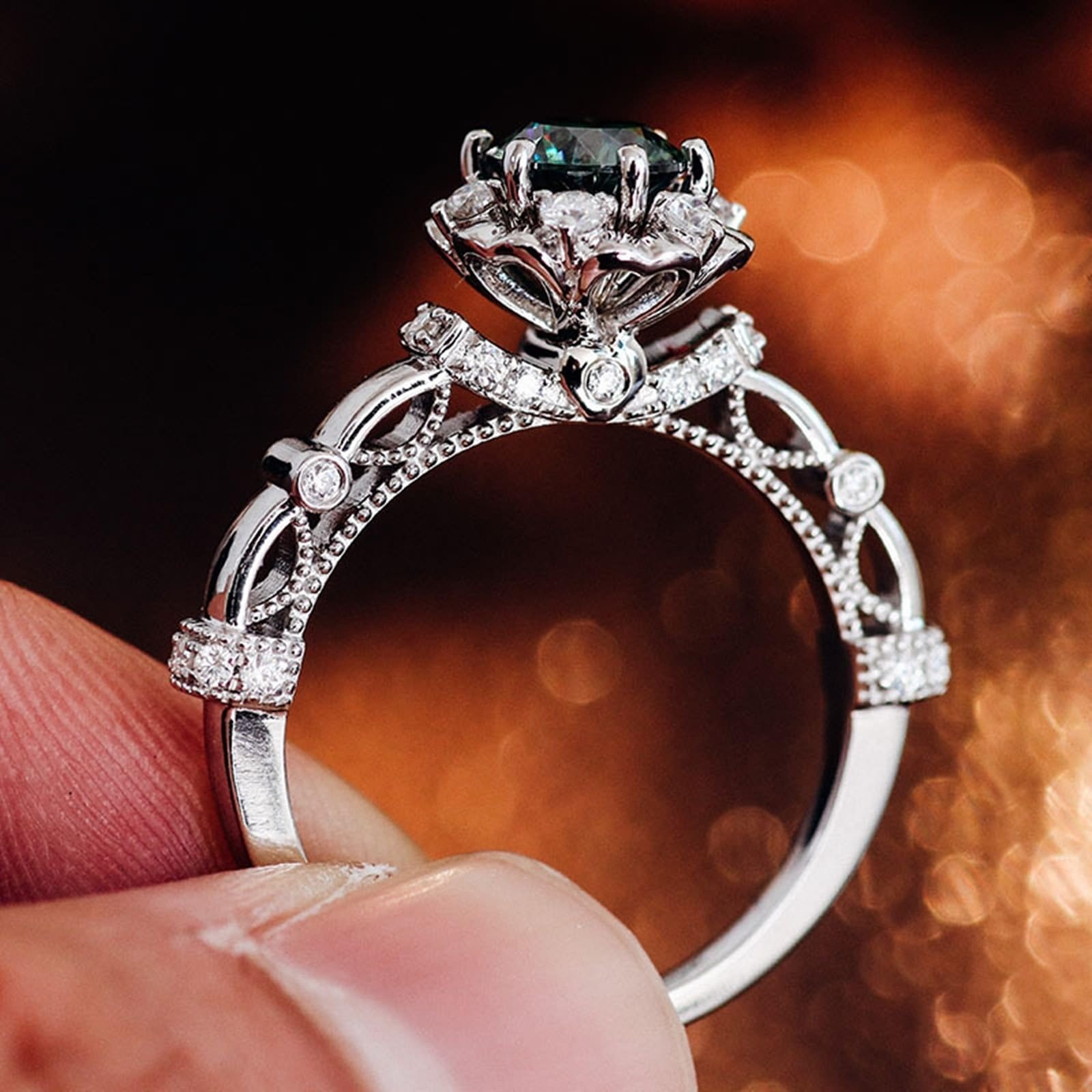 Wycian Anelli da donna eleganti anelli dell'amicizia in oro bianco 9 k moissanite con verde moissanite rotondo, misura 45 (14,3), eleganti personalizzabili per zia San Valentino