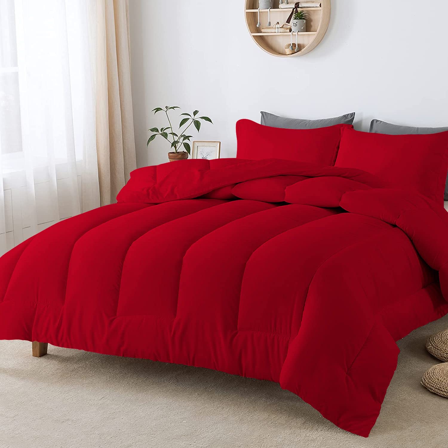 3 Piece Straight Line Pattern Comforter Set Premium Super Soft 600 GSM All Season | 1000 Thread Count | 100% Egyptian Cotton - Oversized Super King Size, Red Color