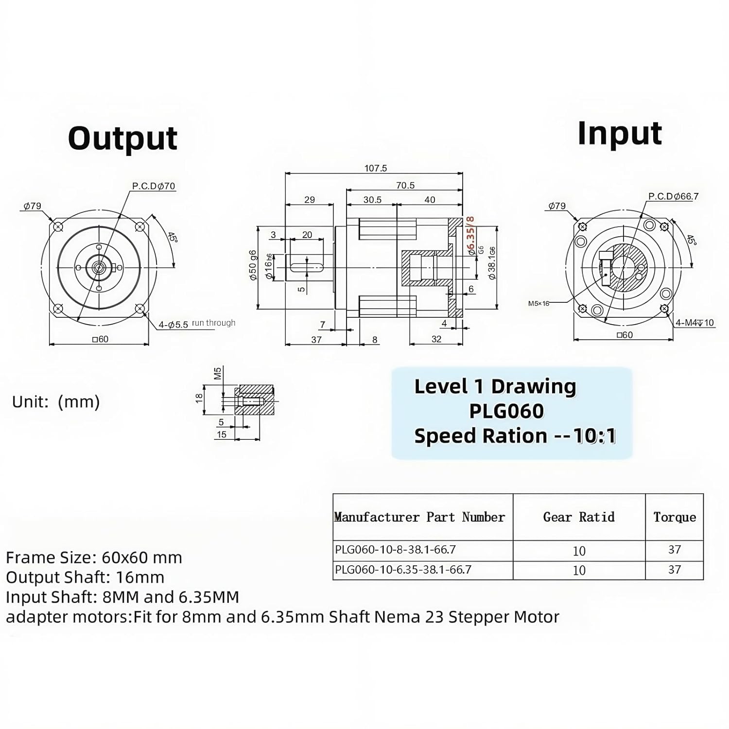 Nema 23 Planetary Gearbox Gear Ratio 10:1 Backlash < 3 arc-min 4000RPM Gear Head Speed Reducer for 6.35mm and 8mm Shaft Nema23 Stepper Motor, Reduction Box for CNC Robots