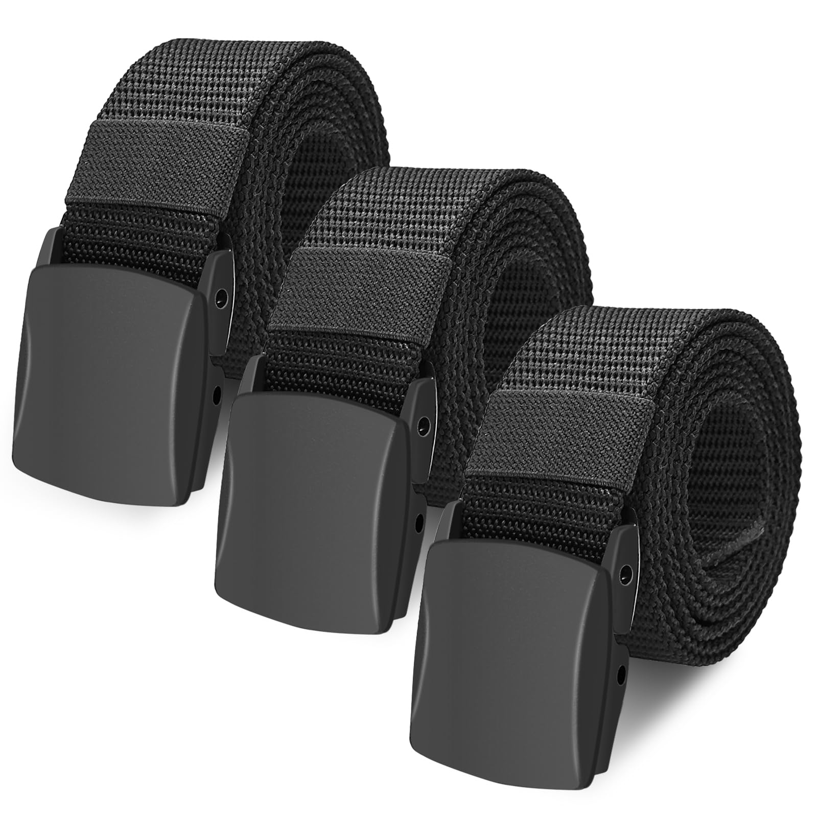 Yicaam Men's Black Canvas Belt - 3 Pcs Adjustable Nylon Web Belt With Plastic Buckle For Outdoor - 130Cm