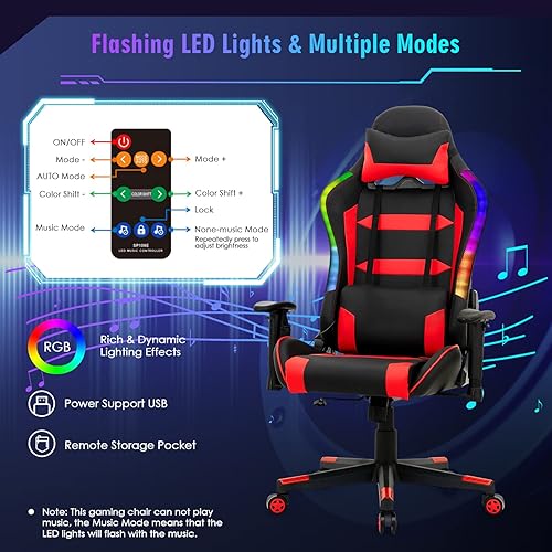 Miniatura 4 de Giantex RGB, silla ergonómica para videojuegos con luz LED, respaldo alto, silla de computadora E-Sport ajustable con cuero de PVC, reposacabezas y