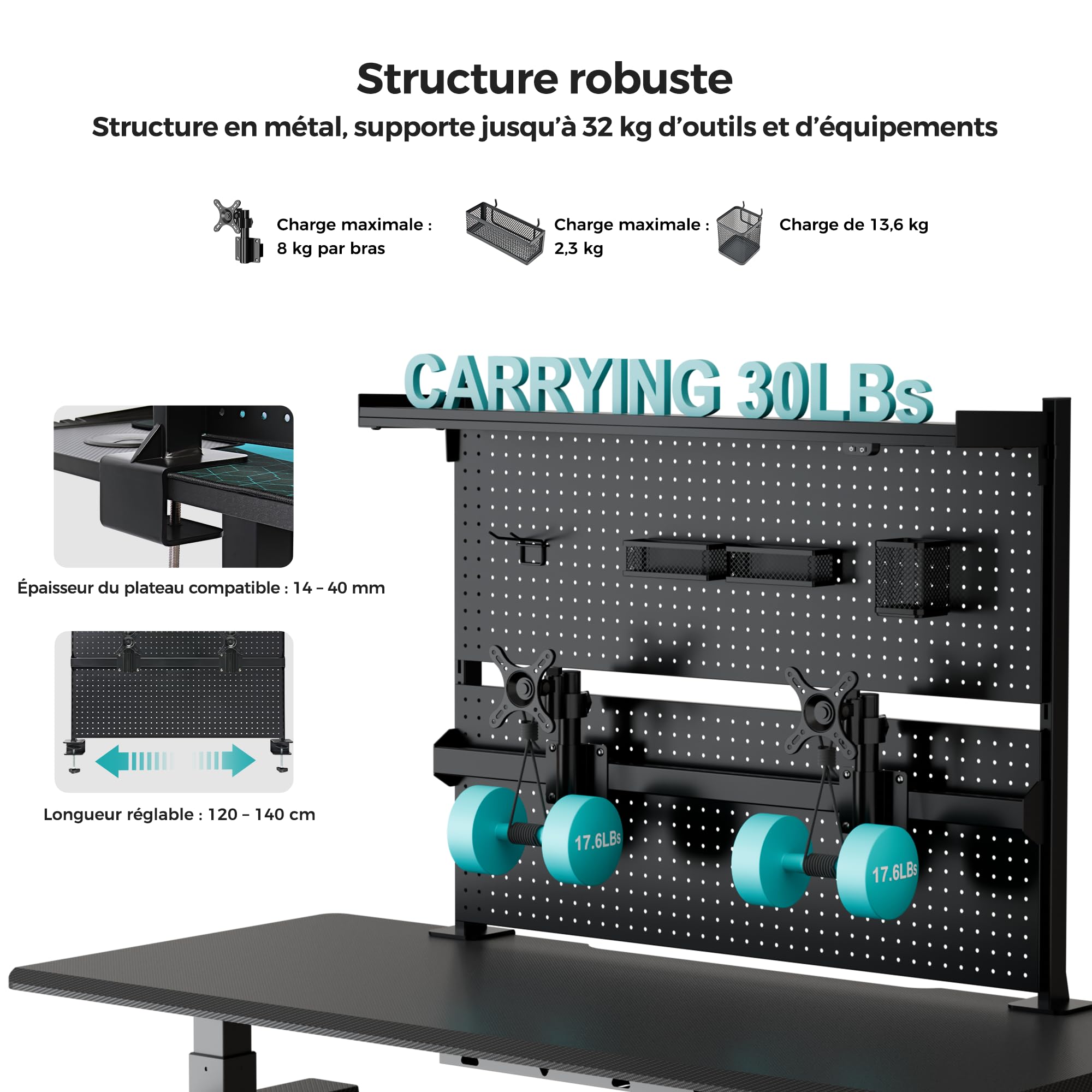 EUREKA ERGONOMIC Desk Pegboard,Panneau perforé en Acier avec Double Support pour écran,Accessoires de Bureau d'ordinateur pour Bureau, 4 Accessoires à Suspendre modulaire,110 × 29 × 86,8 cm, Noir