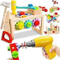 BAODLON 39 Pcs Kids Wooden Tool Set with Electric Drill & Toolbox - Montessori STEM Pretend Play for Ages 3-6 Boys Girls