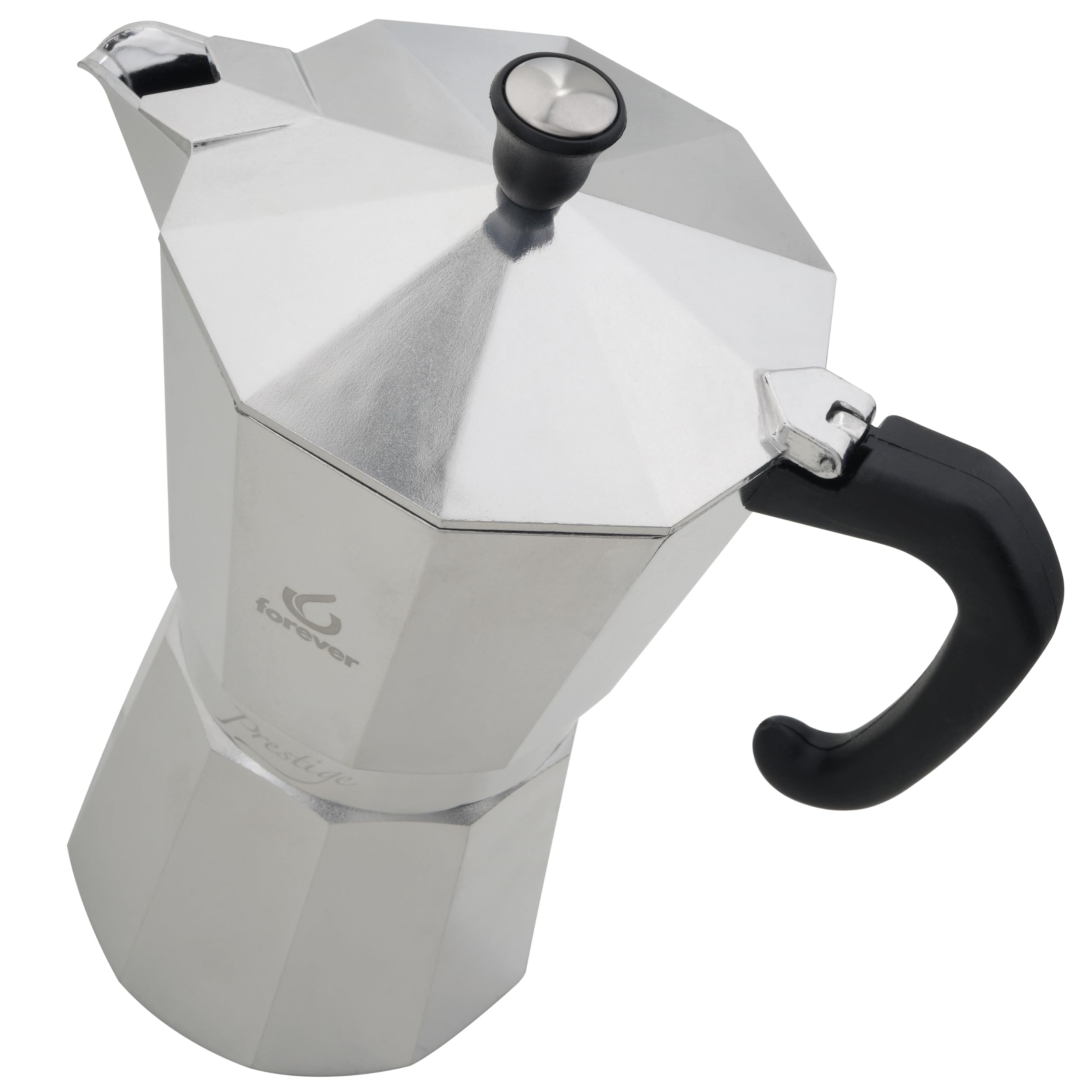 FOREVER Miss Moka Prestige 12 tazas | Cafetera Moka de aluminio | Máquina tradicional para casa, camping y exterior | Con junta de silicona higiénica de alta resistencia
