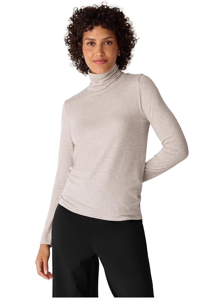 Taupe Eileen Fisher Melange Sheer Knit Turtle Neck Top