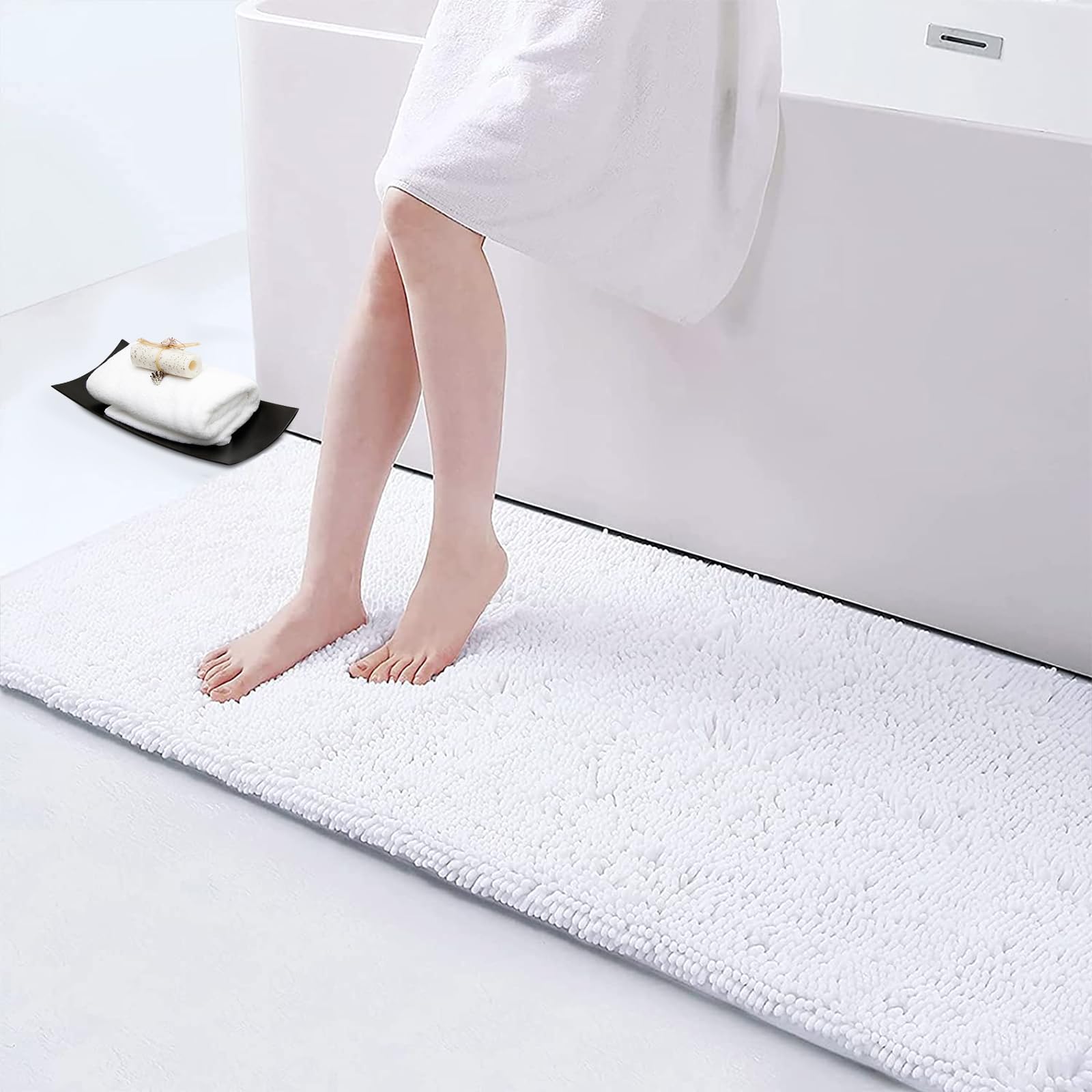 smiry Luxury Chenille Bath Rug, Extra Soft and Absorbent Shaggy Bathroom Mat Rugs, Machine Washable, Non-Slip Plush Carpet Runner for Tub, Shower, and Bath Room (59''x20'', White)