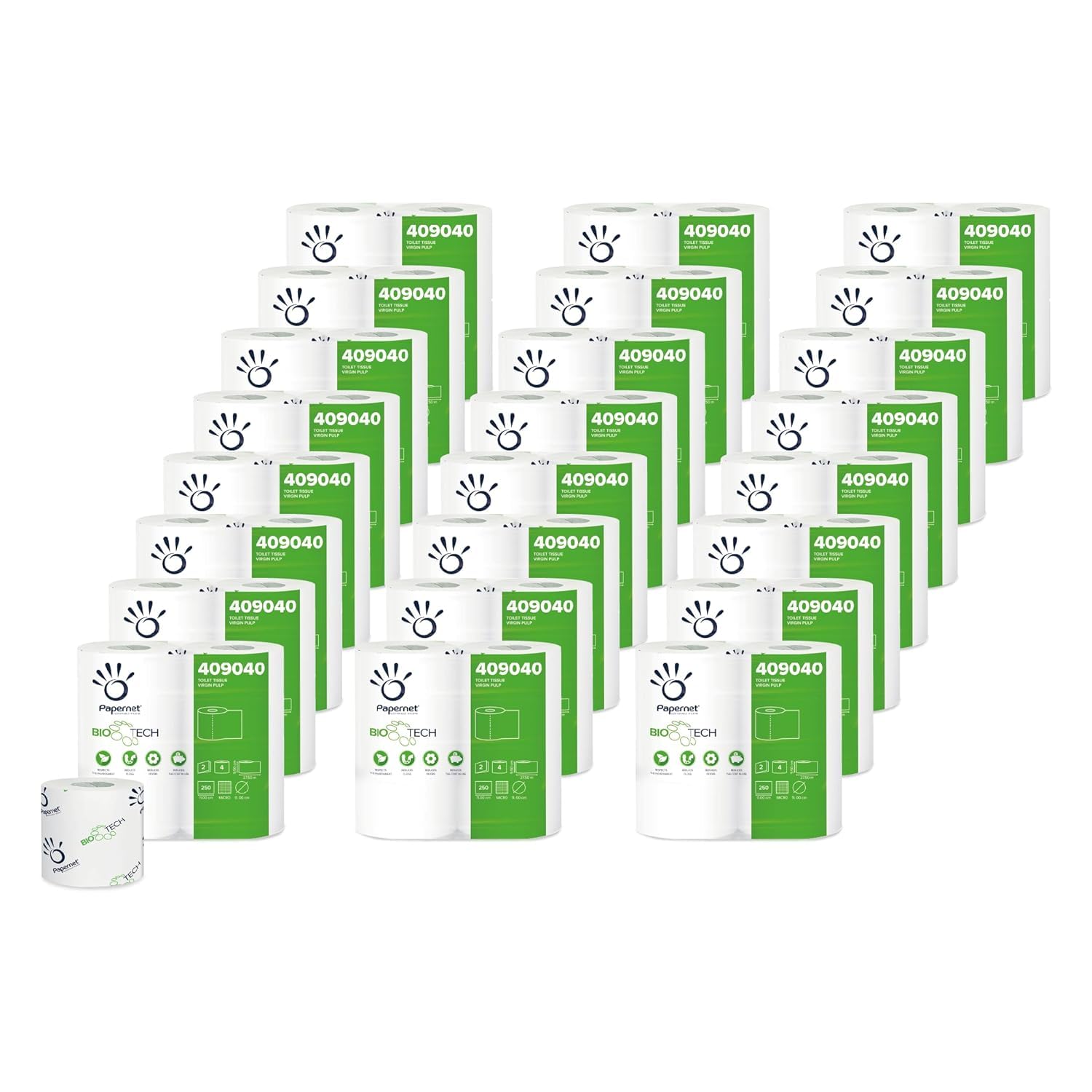 Papernet Papel Higiénico Bio Tech (409040), 24 Paquetes x 4 Rollos, 2 Capas | 96 Rollos en Total, 250 Hojas por Rollo, Celulosa Pura, 9,5 x 11 cm, Certificado EU Ecolabel, Blanco