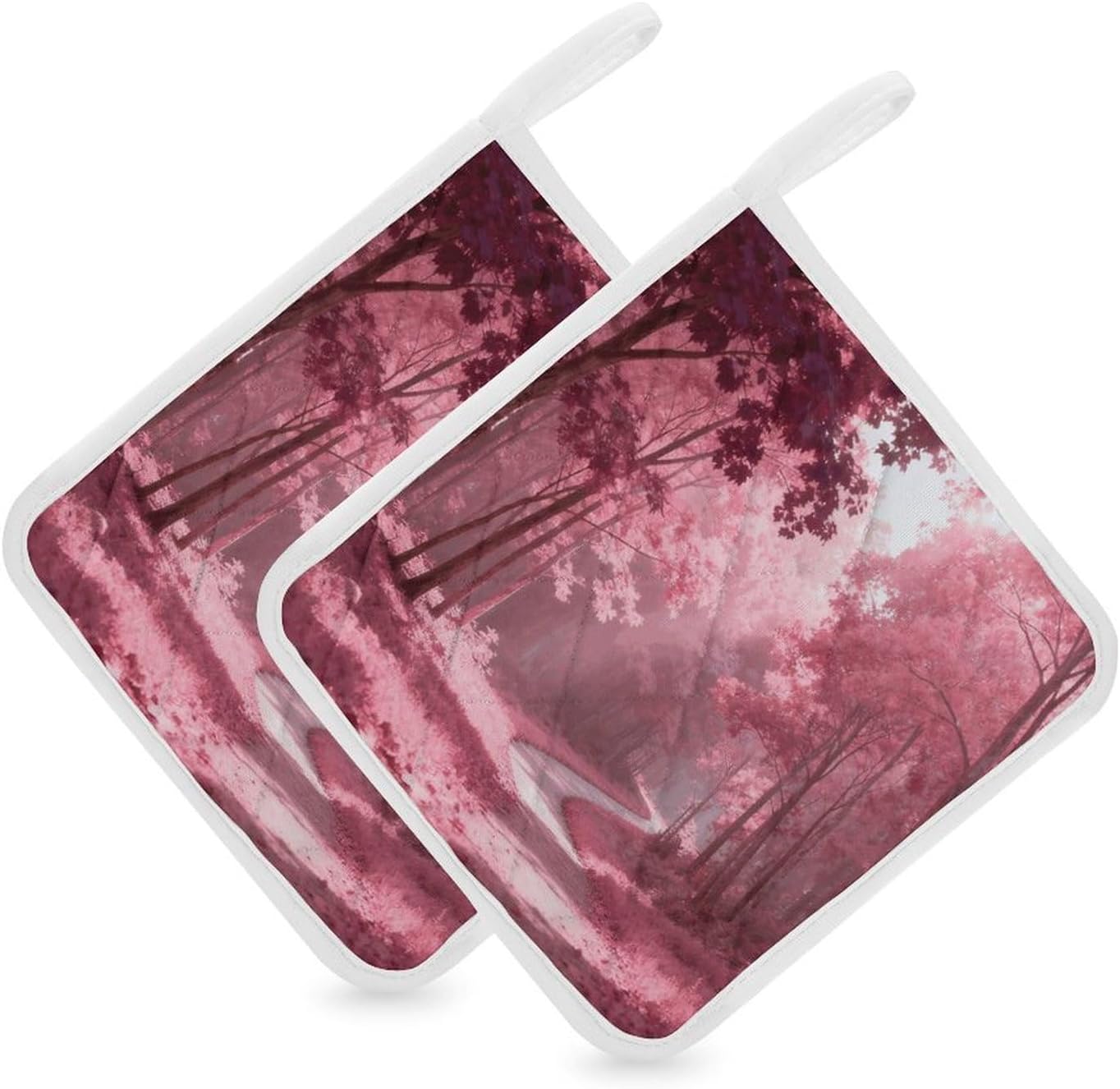 Pink Forest Polyester Heat Resistant Pot Pad Non Slip Anti Scald Hot Dish Mat Reusable Table Protector for Kitchen Hot Pot Mat Wear Resistant Heat Proof Table Pad for Countertop Dining Room