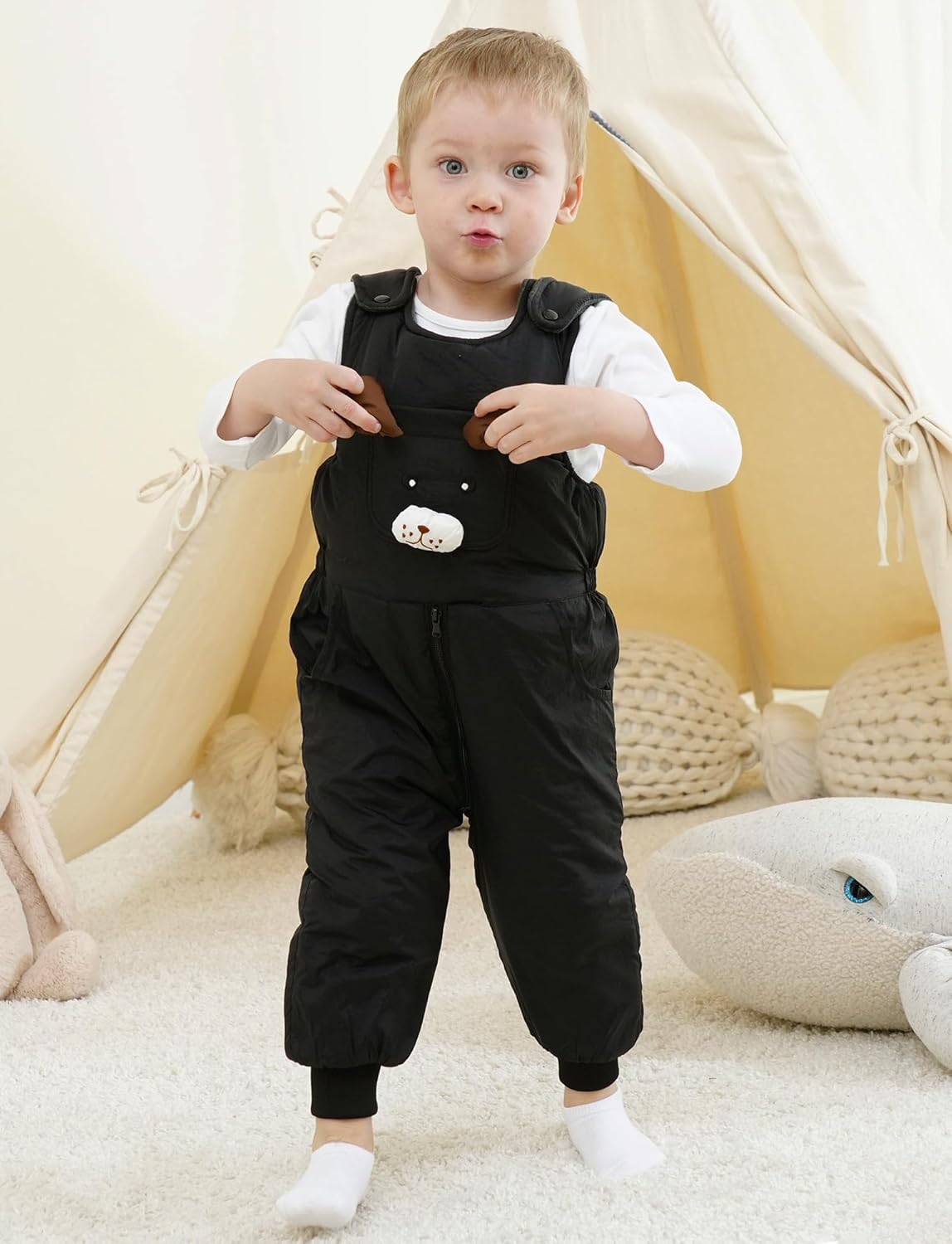Happy Cherry Toddler Boy Girls Winter Warm Fleece Line Bib Pants Cartoon Snow Ski Overall Insulated Zip Up Bibs Snowsuit