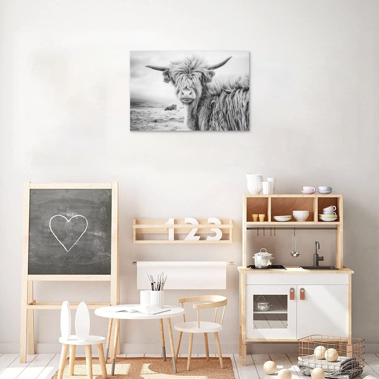 Black and White Cow Bull Yak Canvas Picture Wall Decor Farmhouse Baby Highland Cow Decor Bathroom Picture Wall Art Framed for Home Office (16x24 inch)